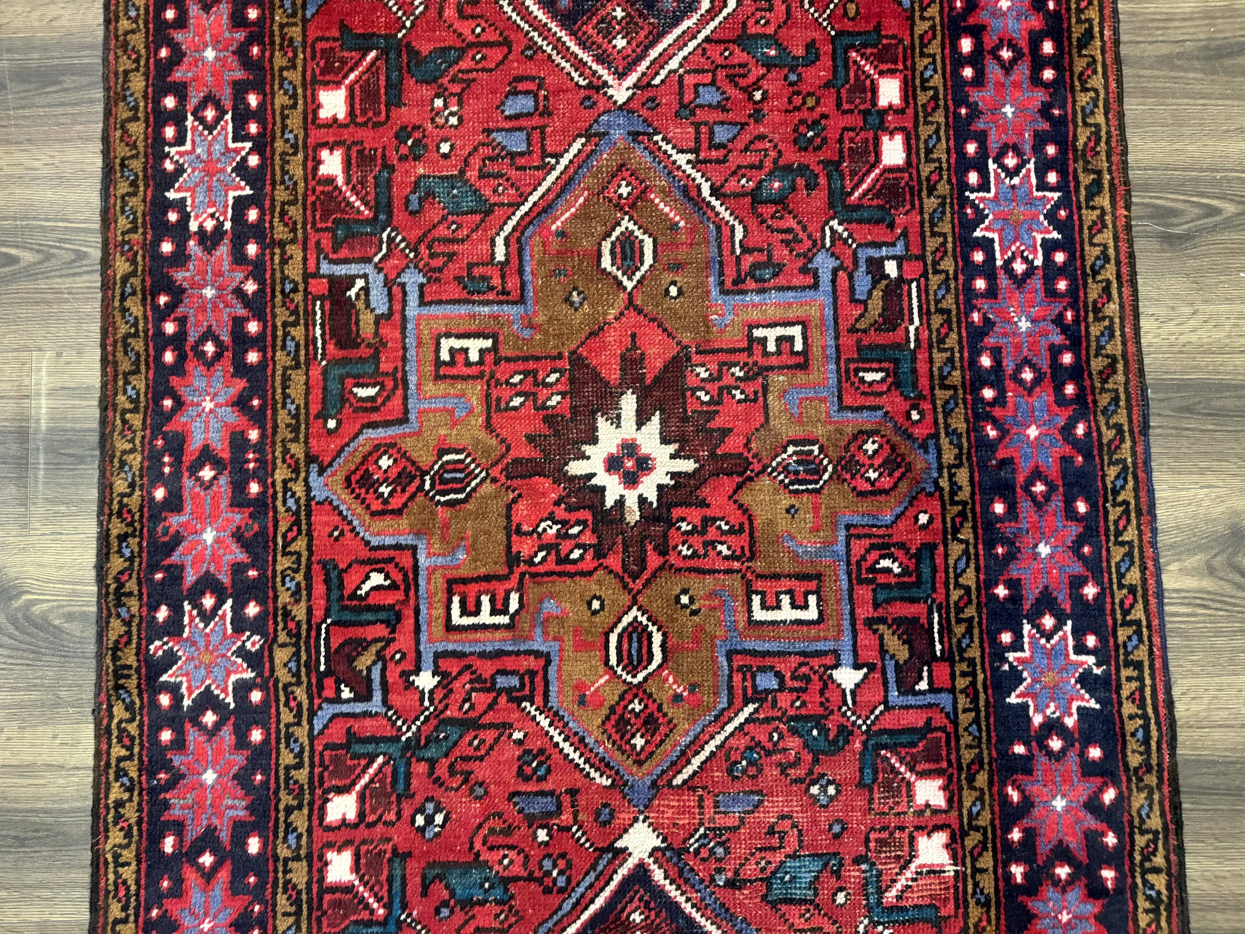 Persian Heriz Karajeh Runner Rug 3.7 x 12, Geometric Medallions, Red and Navy Blue - Jewel Rugs
