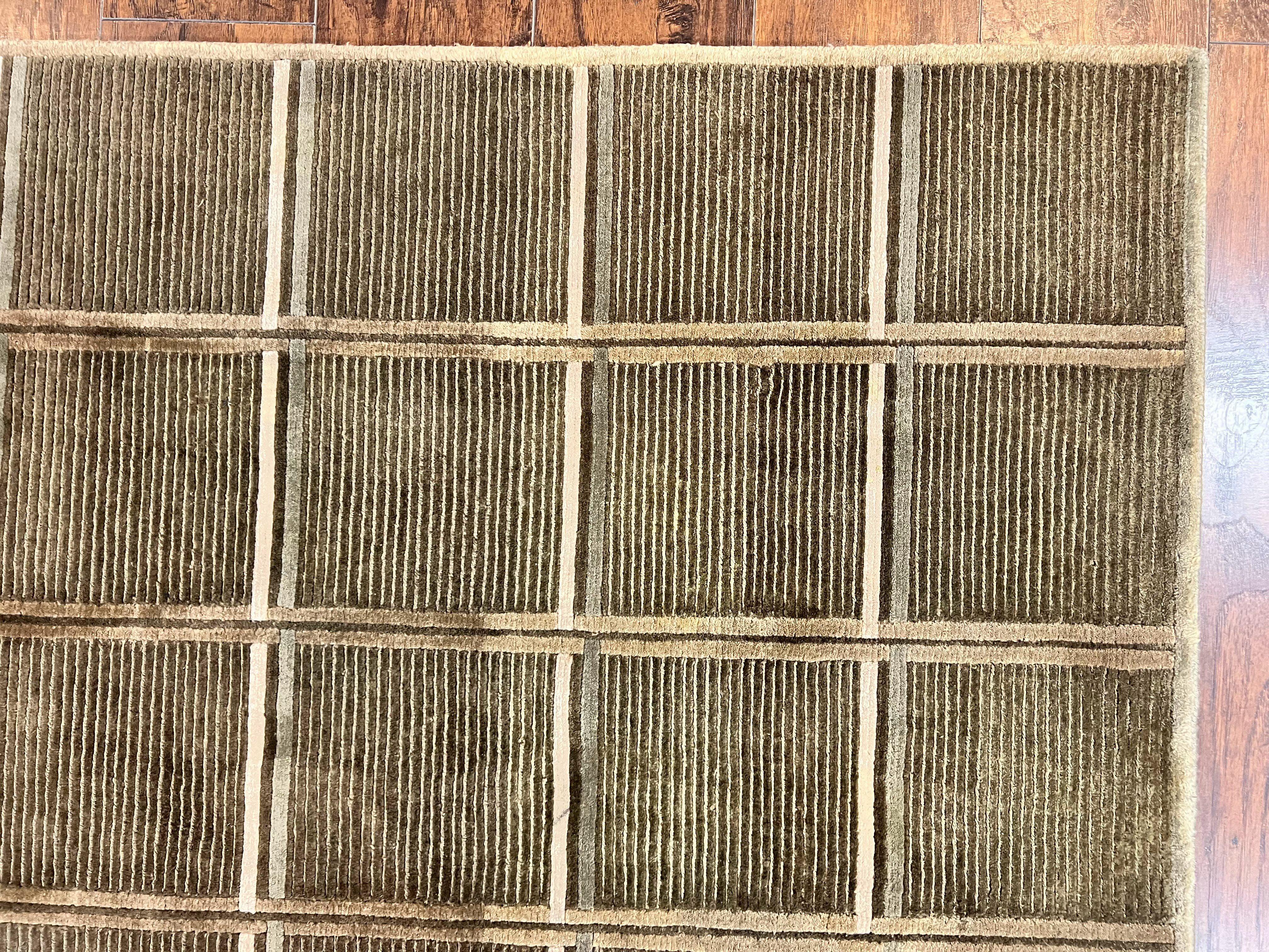 Tibetan Rug 4x6, Green Wool Handmade Area Rug 4 x 6, Panel Design, Modern Contemporary - Jewel Rugs