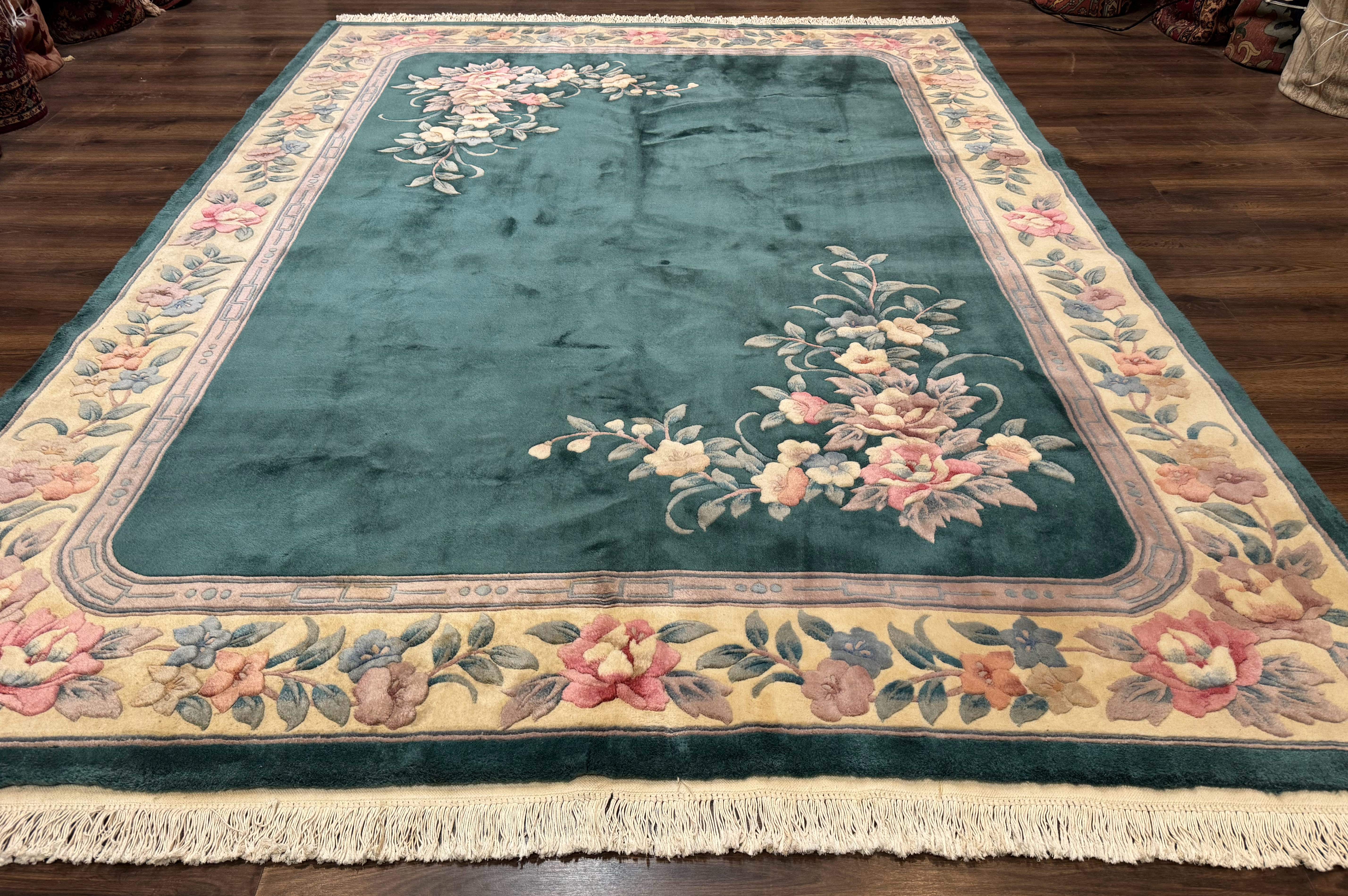 Chinese 90 Line Rug 8x11 ft – Teal and Beige, Hand-Knotted Wool, Aubusson Vintage Carpet - Jewel Rugs