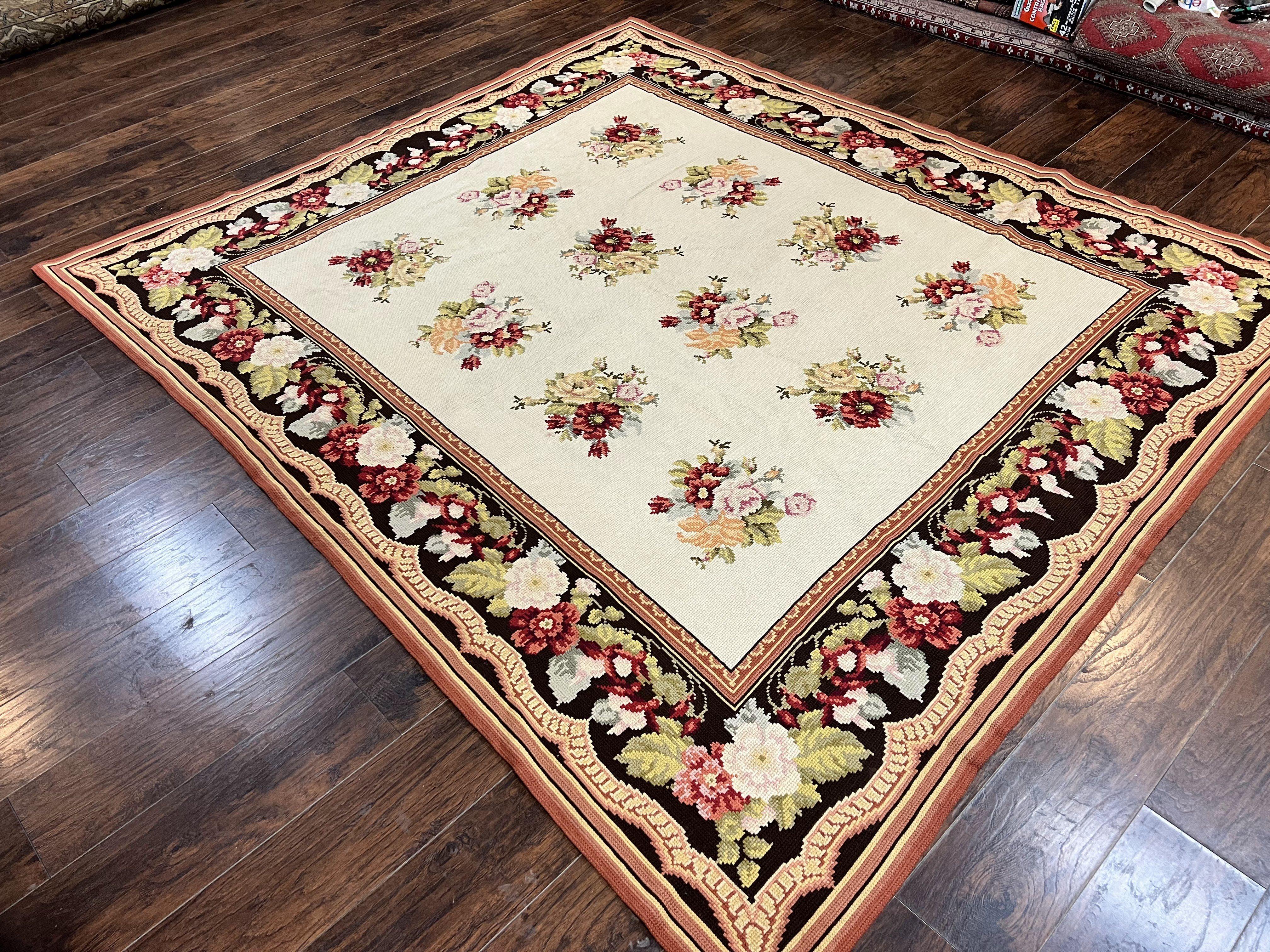 Portuguese Needlepoint Rug 8x9, Vintage Rug 8 x 9 ft, Ivory Dark Brown Hand-Woven Wool Portuguese Carpet, European Rug - Jewel Rugs