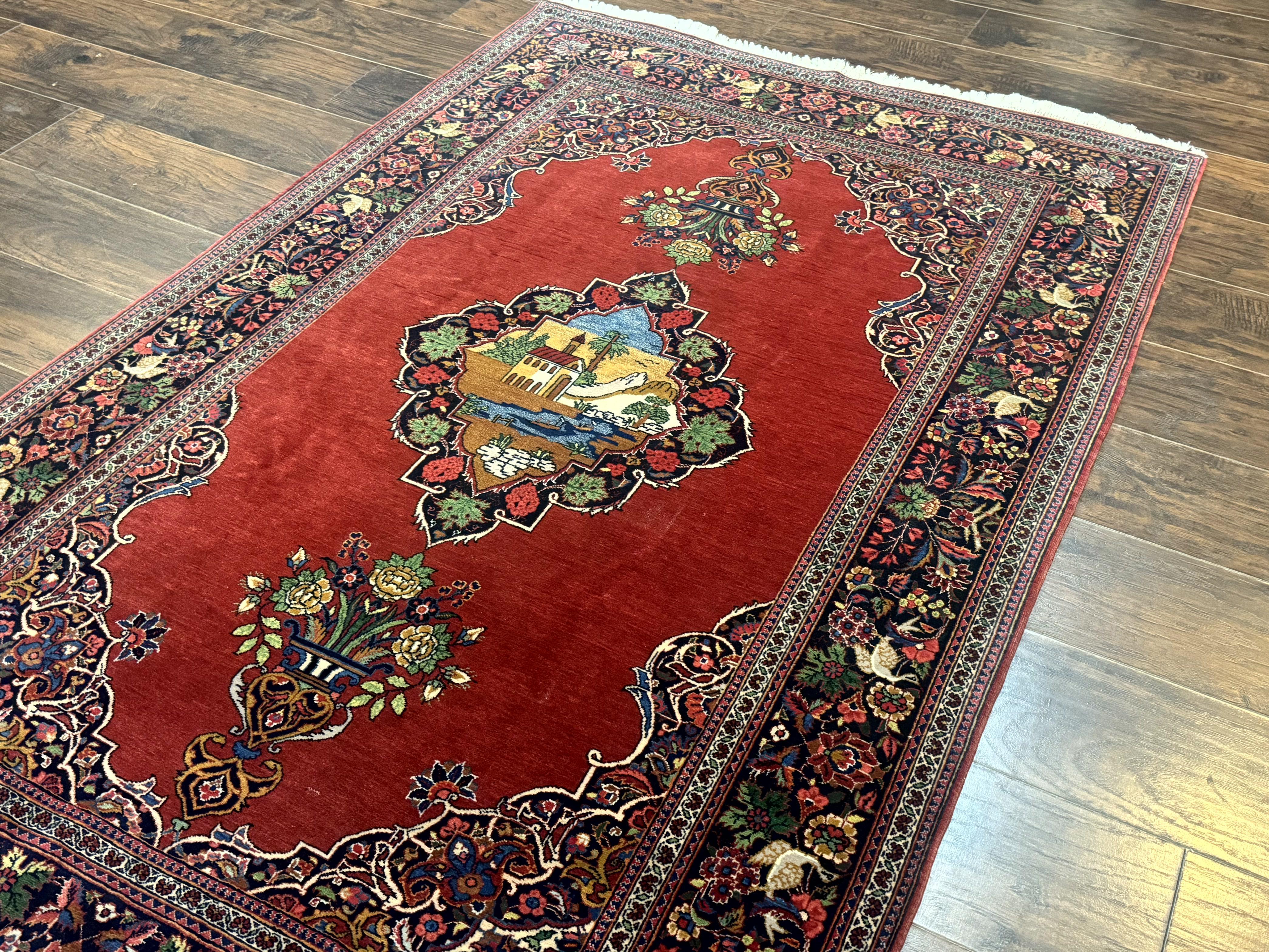 Red Persian Kashan Rug 4x6, Very Fine 260 KPSI, Red and Navy Blue Persian Carpet, Semi Open Field - Jewel Rugs