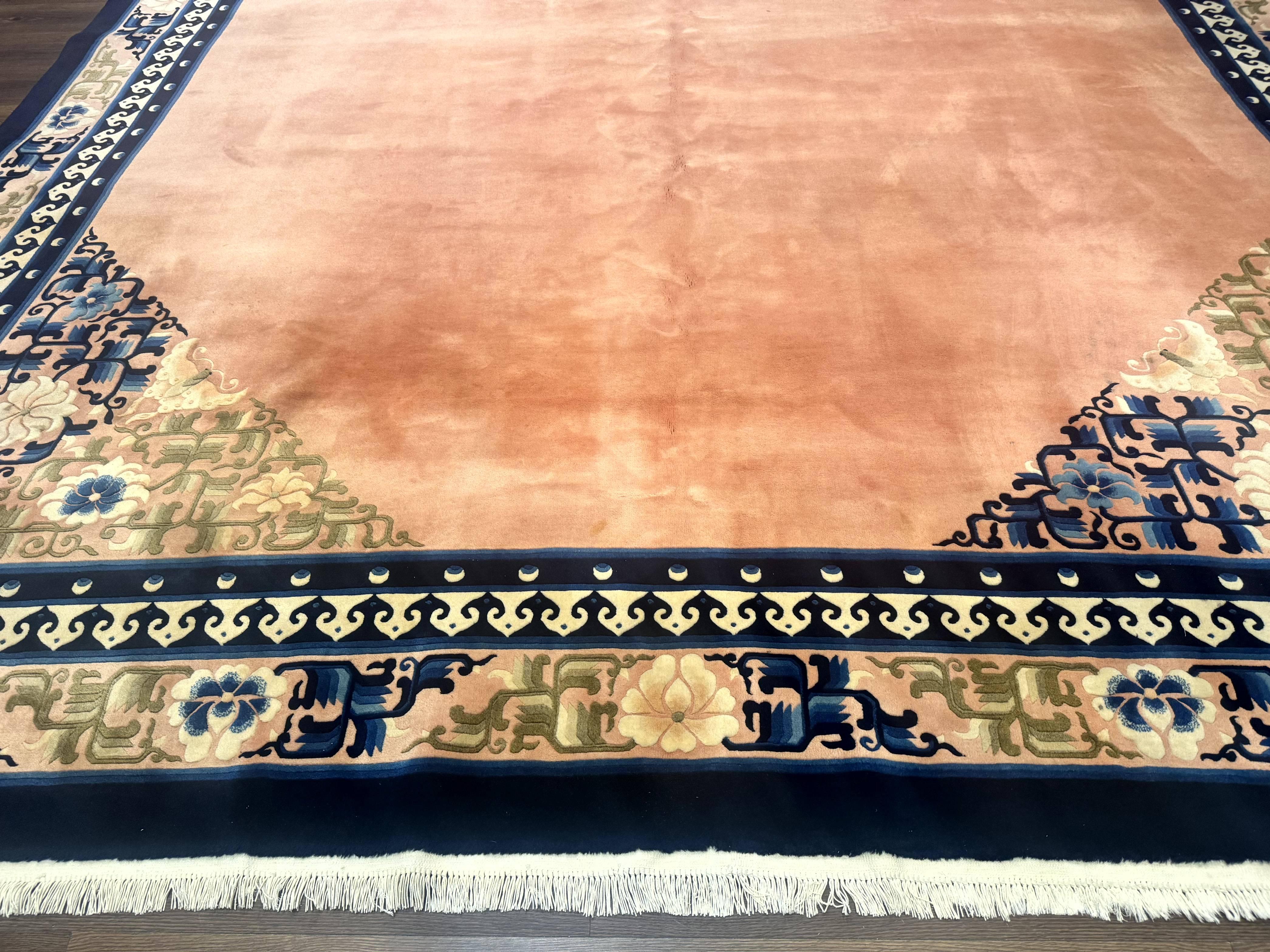 Chinese Wool Rug 11x18, Palace Sized Chinese Carpet, Peking Rug, Peach and Blue, Open Field, Simple Design, Art Deco Rug, Large Handmade Rug - Jewel Rugs
