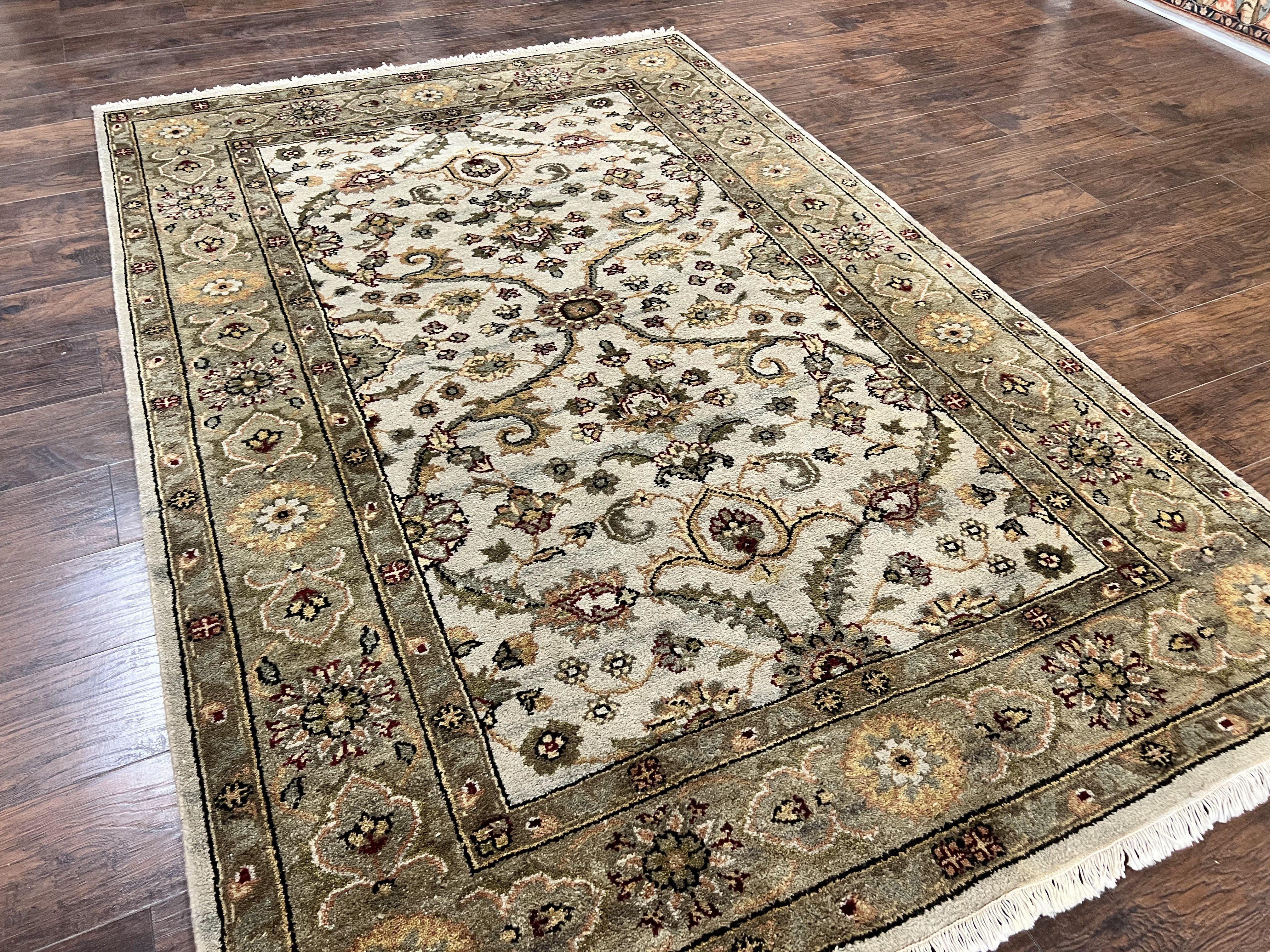 Indo Persian Rug 5.6 x 8, Wool Hand Knotted Vintage Carpet, Beige Indian Mahal Traditional Oriental Rug, Allover Floral, Tea Wash Rug - Jewel Rugs