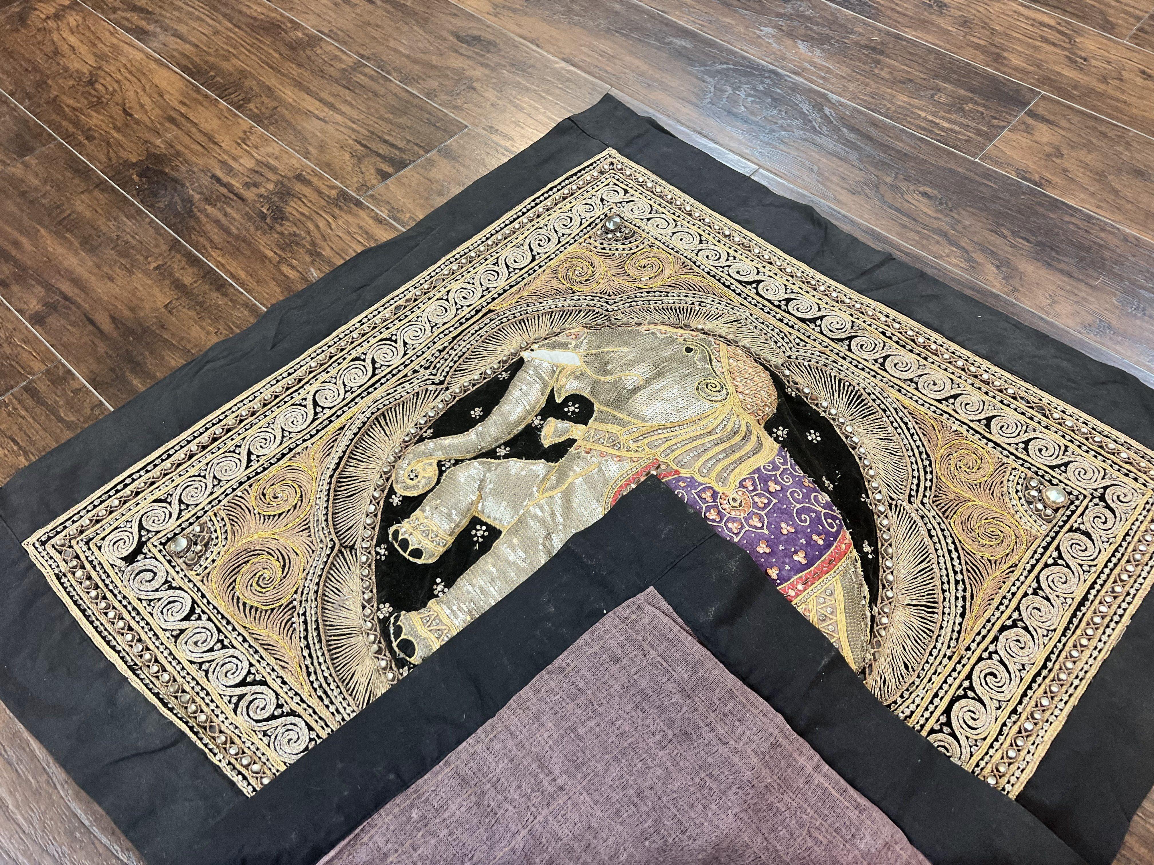 Indian Embroidery 3x3, Elephant Design, Detailed Needlepoint, Beadwork - Jewel Rugs