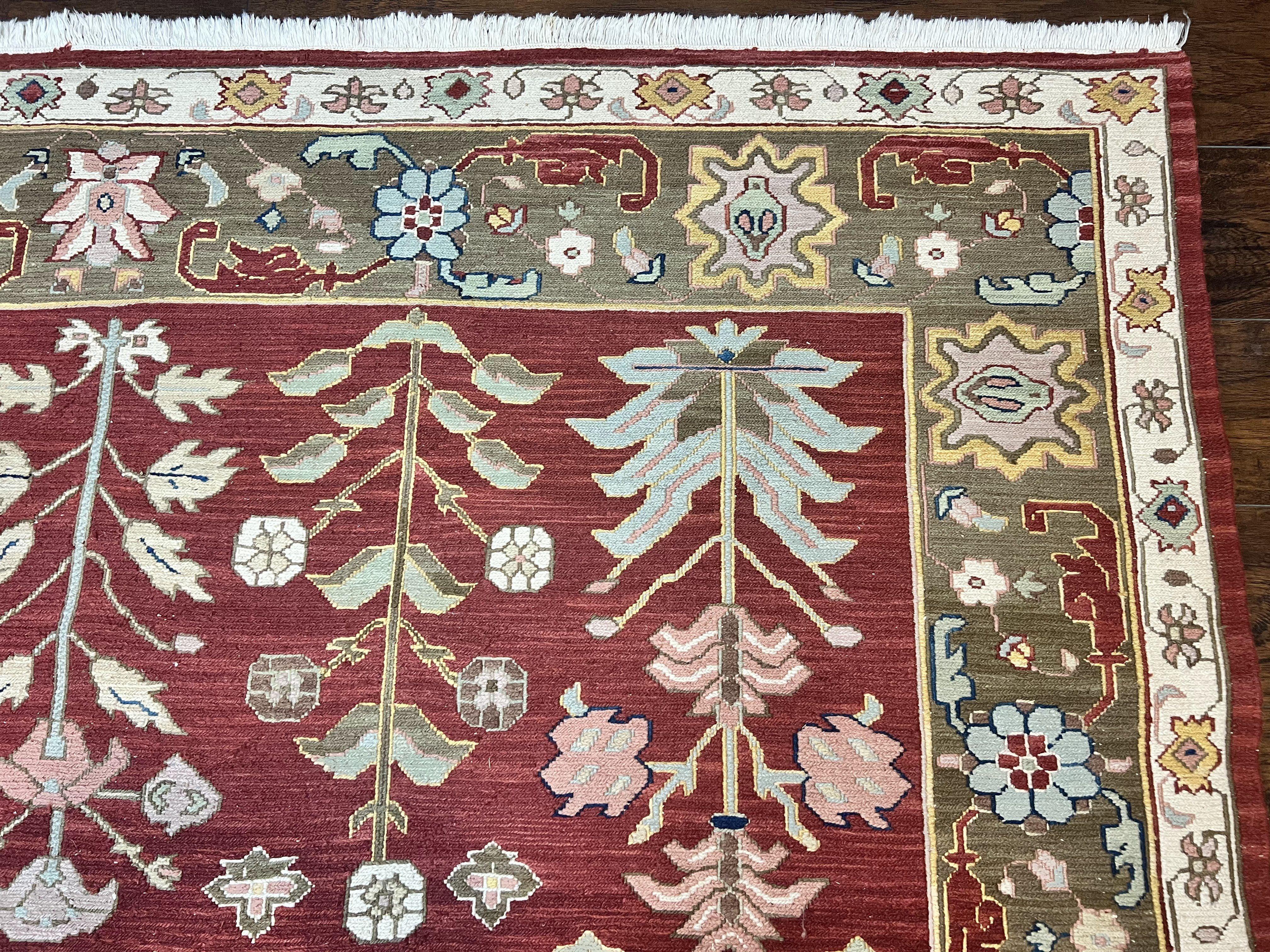 Indian Rug 10x14, Wool Hand Knotted Flatweave Carpet, Tree of Life, Red and Green - Jewel Rugs