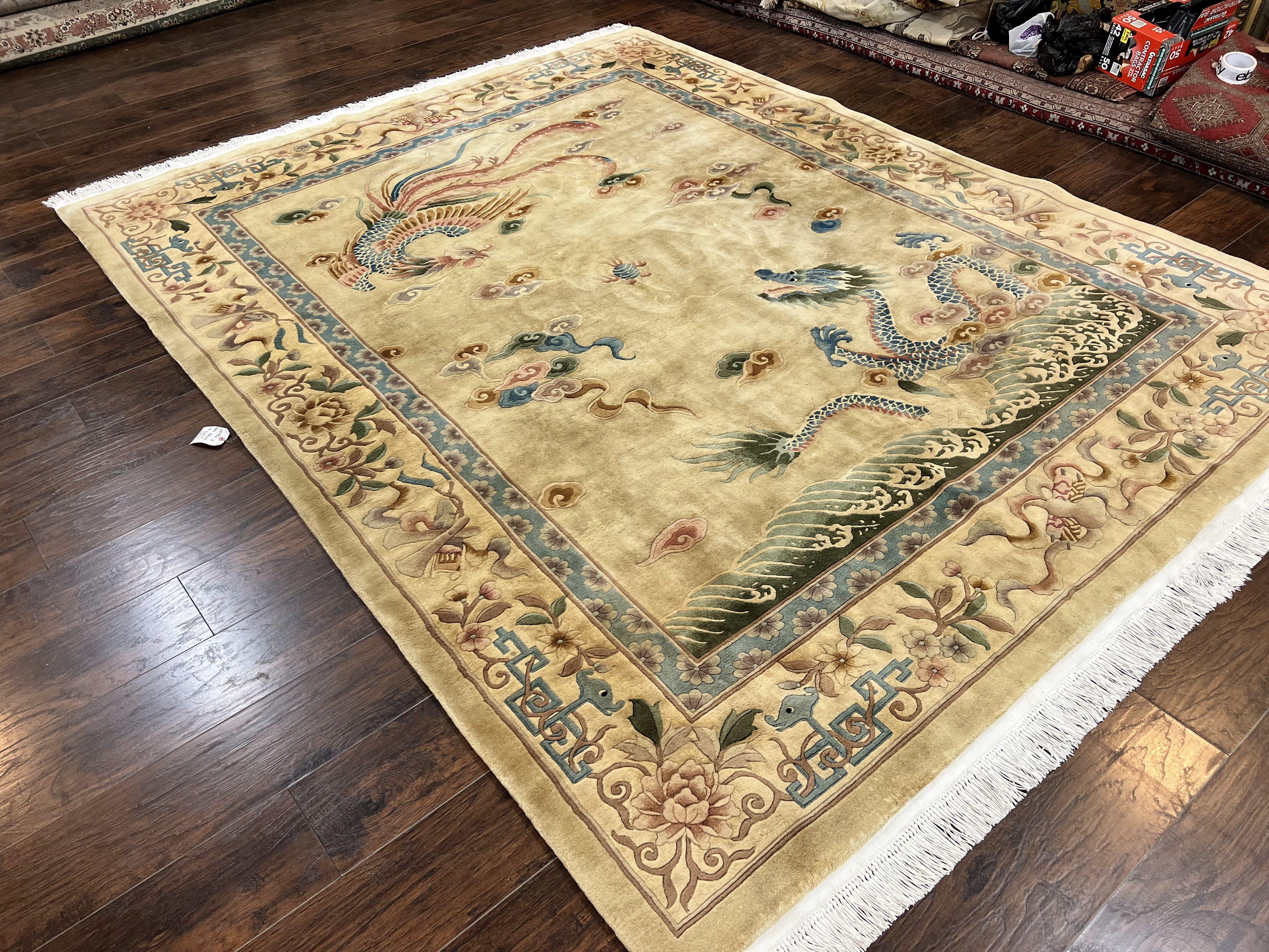 Chinese Wool Rug 8x10 with Phoenix and Dargon, Light Gold and Blue Area Rug, Vintage 1960s Hand Knotted Handmade Asian Art Deco Carpet - Jewel Rugs