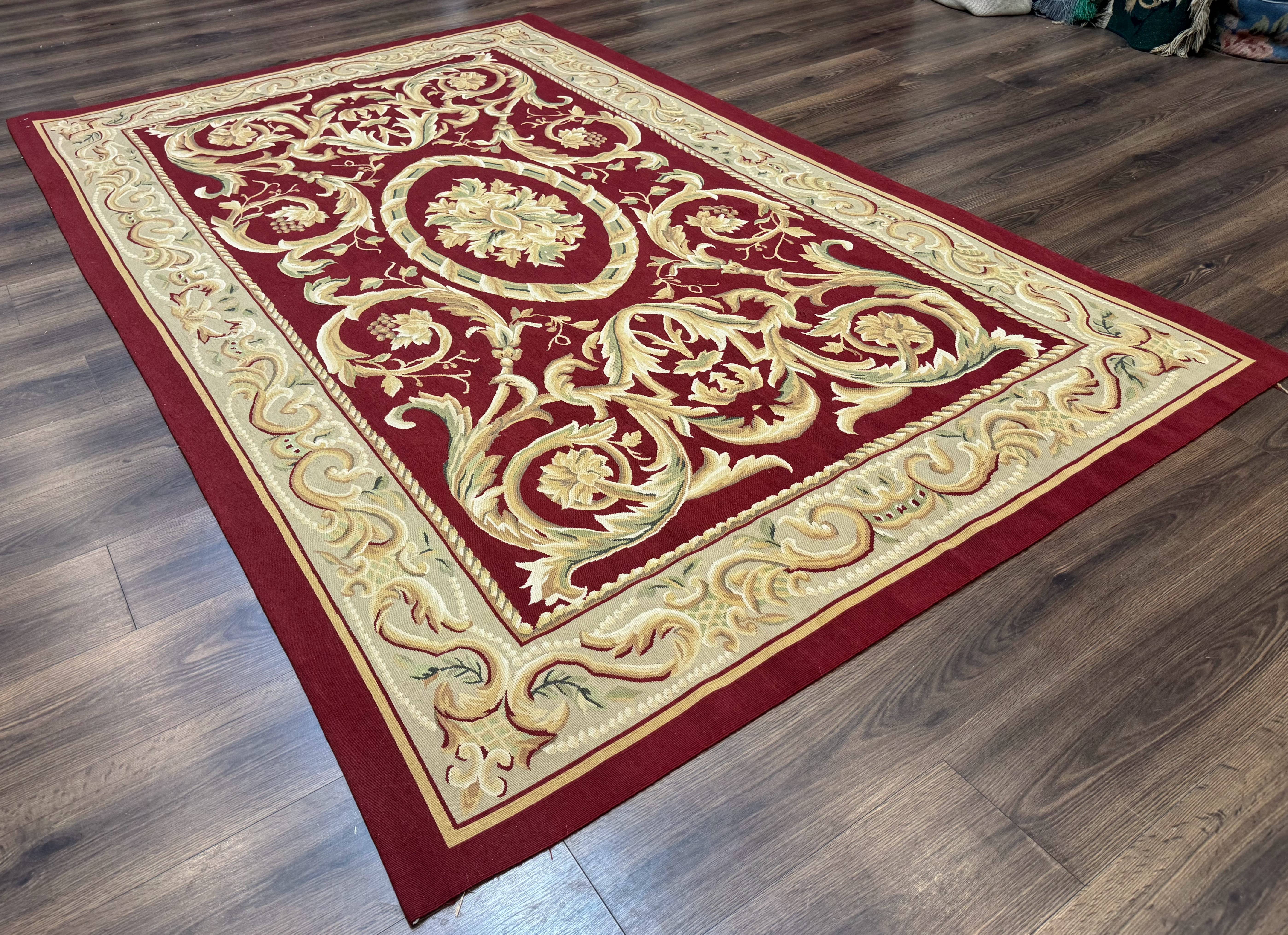 Burgundy Aubusson Rug 6x9, Vintage Wool Carpet - Jewel Rugs