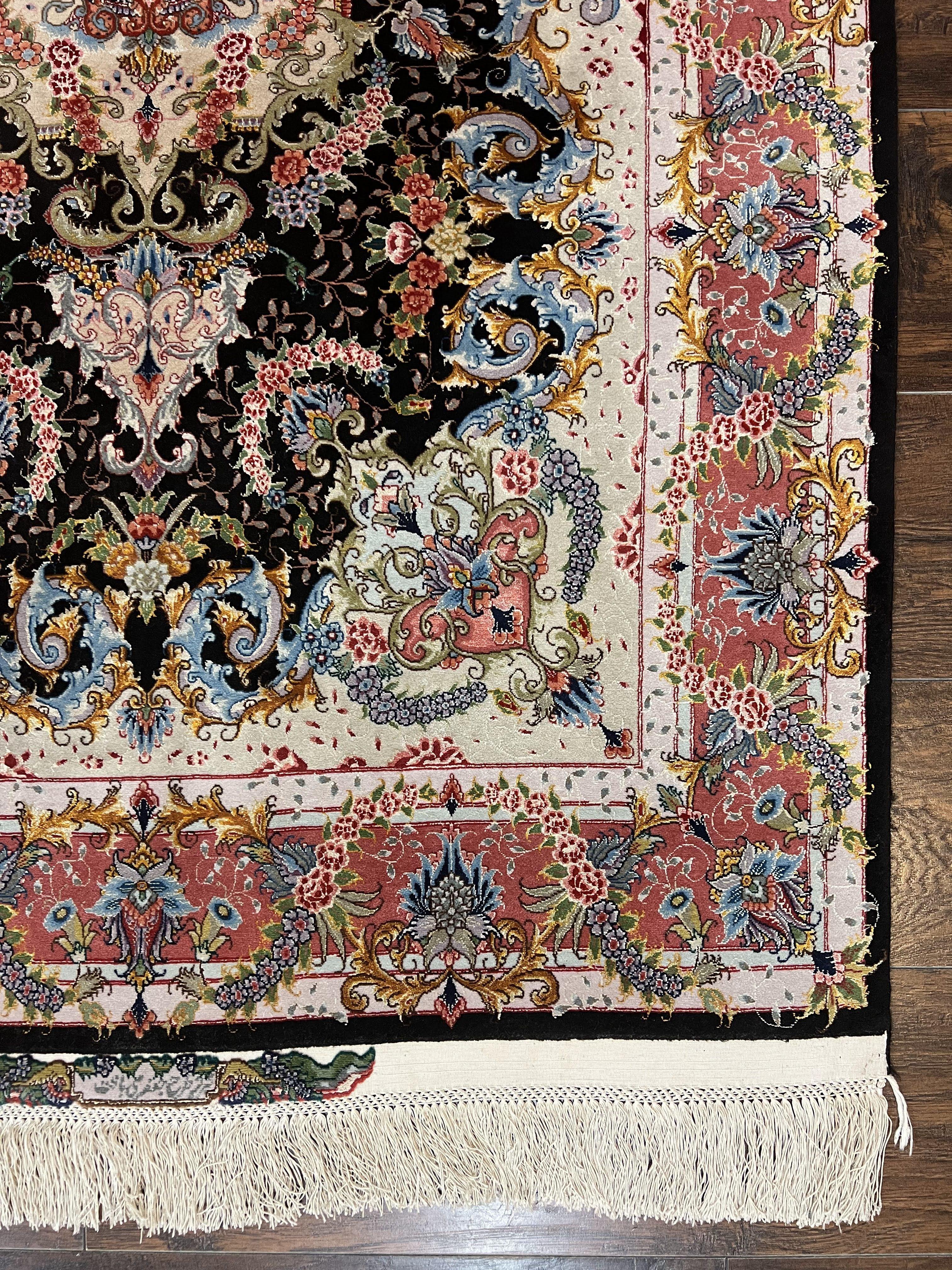 Stunning Persian Tabriz Rug 3.5 x 5, Super Fine, Kork Wool on Silk, Floral Medallion, 70 Raj, 650 KPSI, Signed Master Piece, Hand Knotted, Black - Jewel Rugs