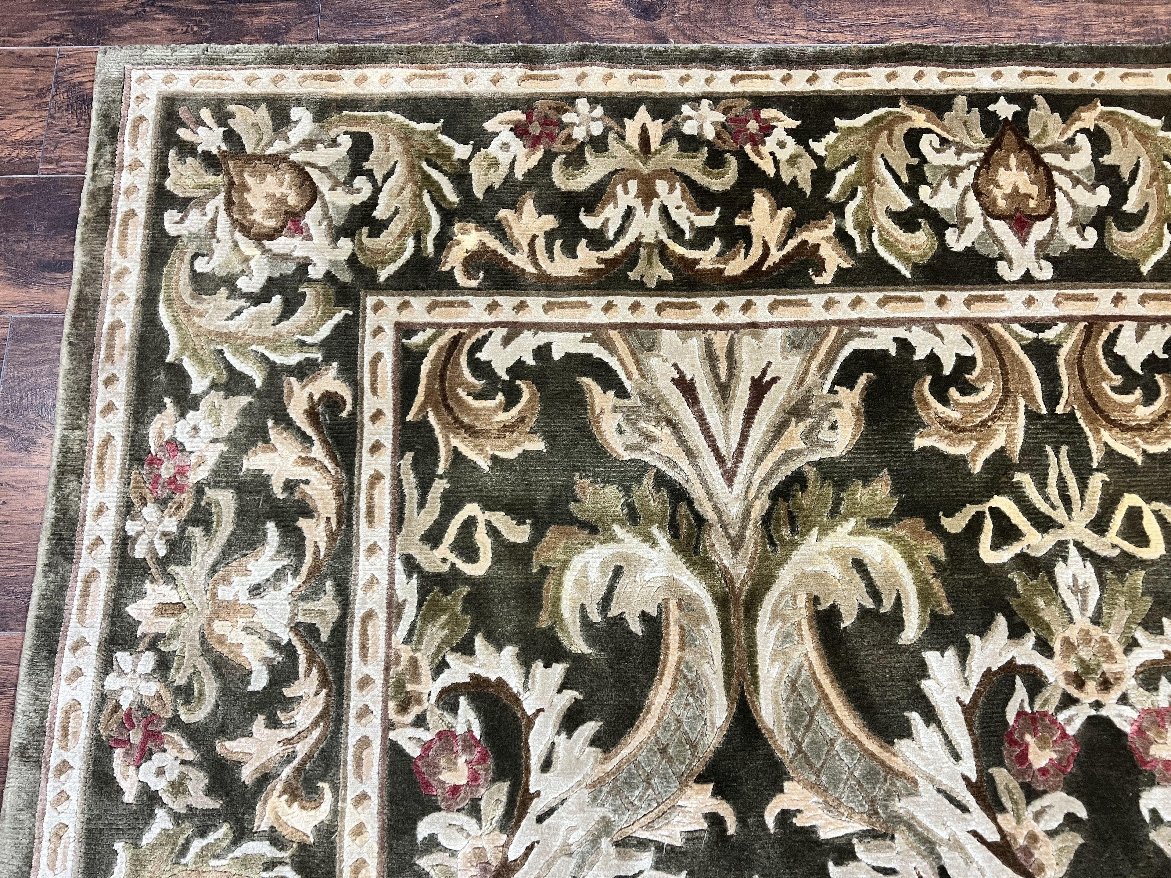 Tibetan Rug 8x10, European Design, Floral, Green, Handmade, Wool, Nepali Rug - Jewel Rugs