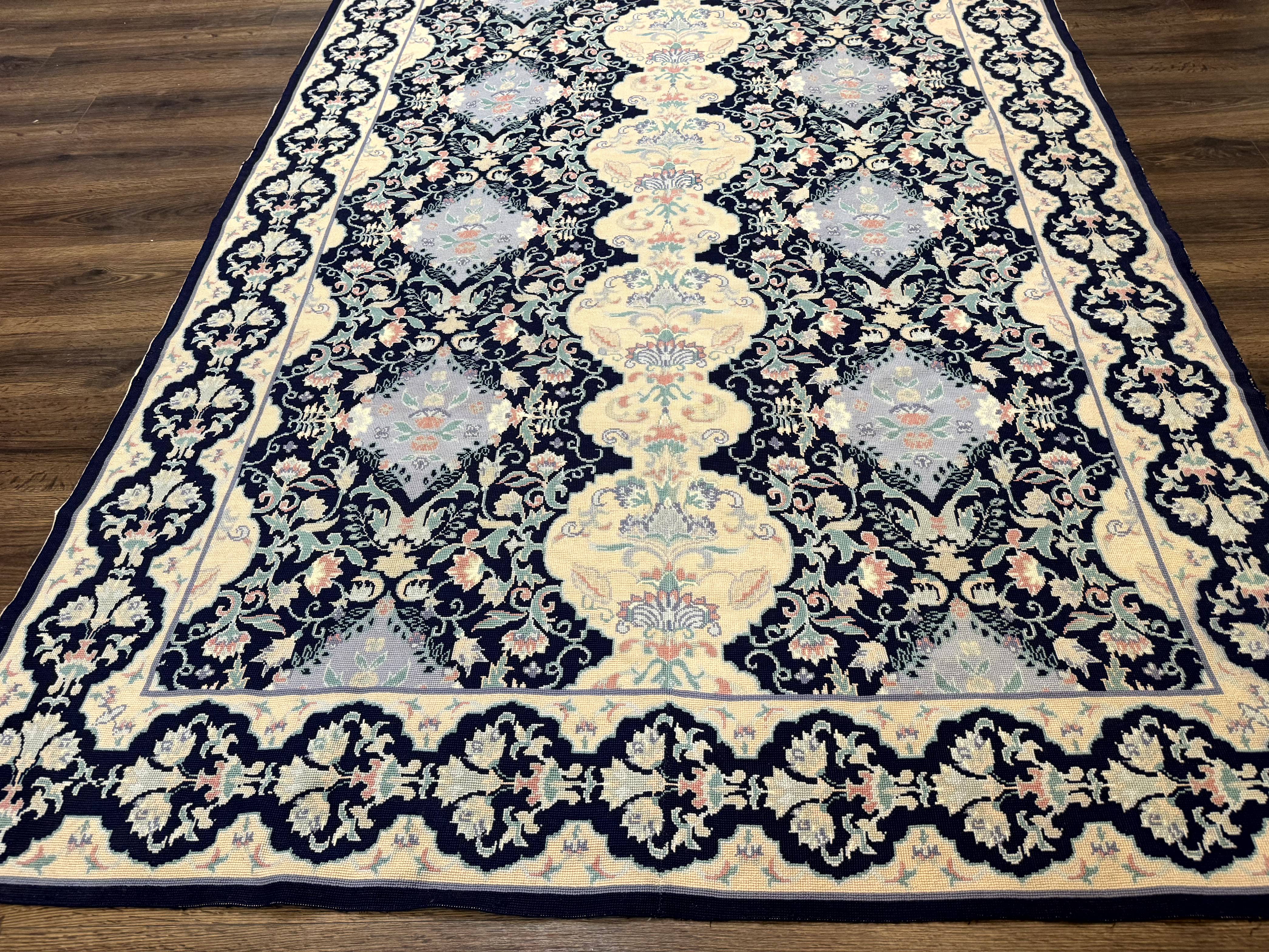 Needlepoint Rug 6x9, Ivory and Navy Blue - Jewel Rugs