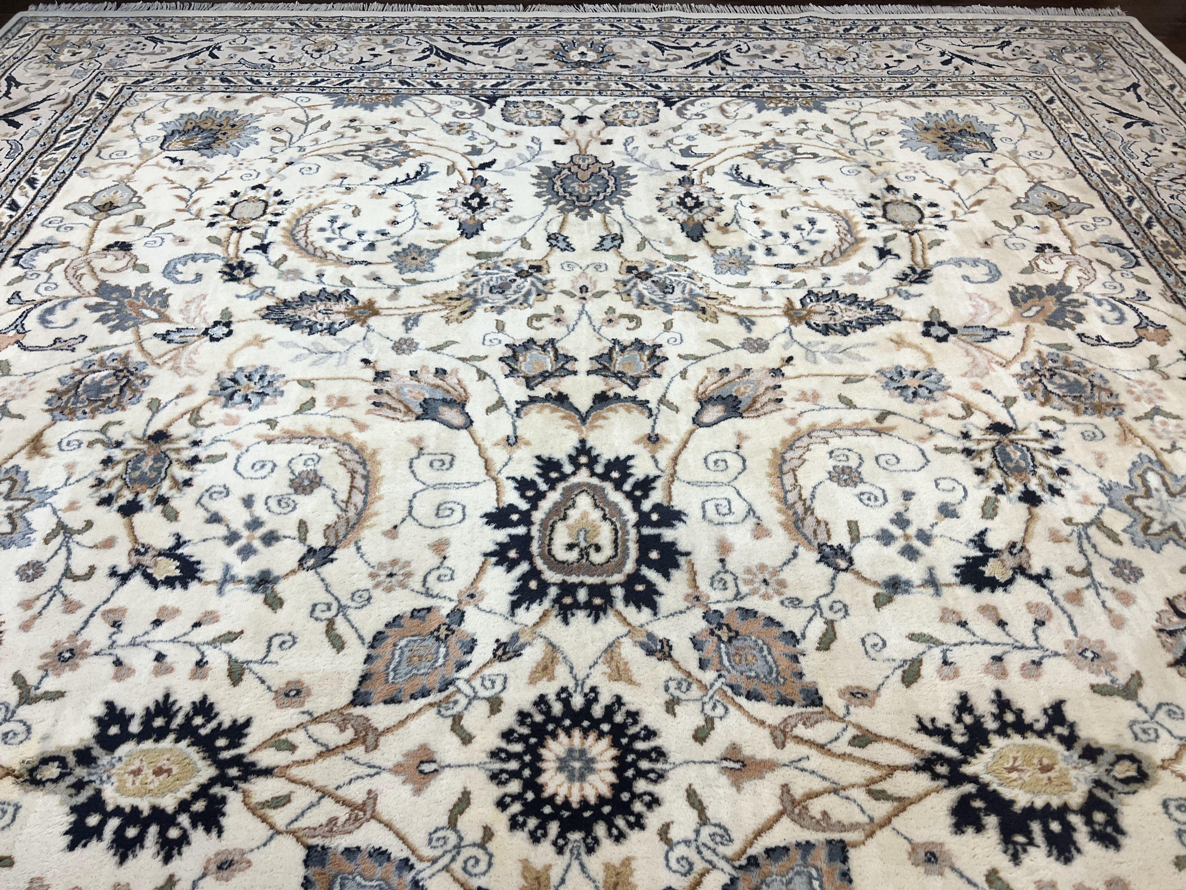 Indo Persian Rug 10x14, Floral Allover, Ivory and Light Gray, Handmade Vintage Wool Large Carpet - Jewel Rugs