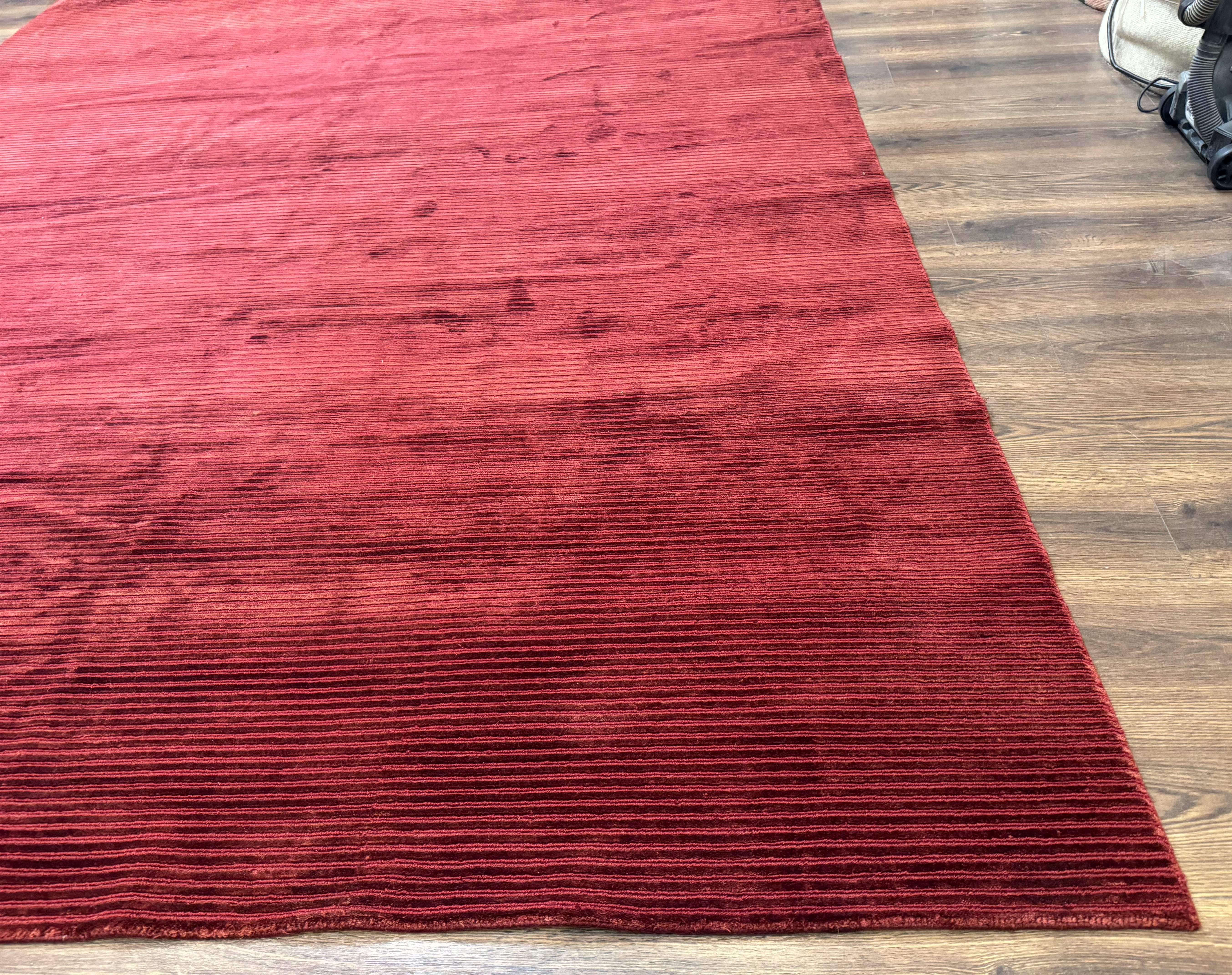 Modern Tibetan Rug 8x10, Red, Stripes, Handmade Wool Thick Pile Carpet - Jewel Rugs