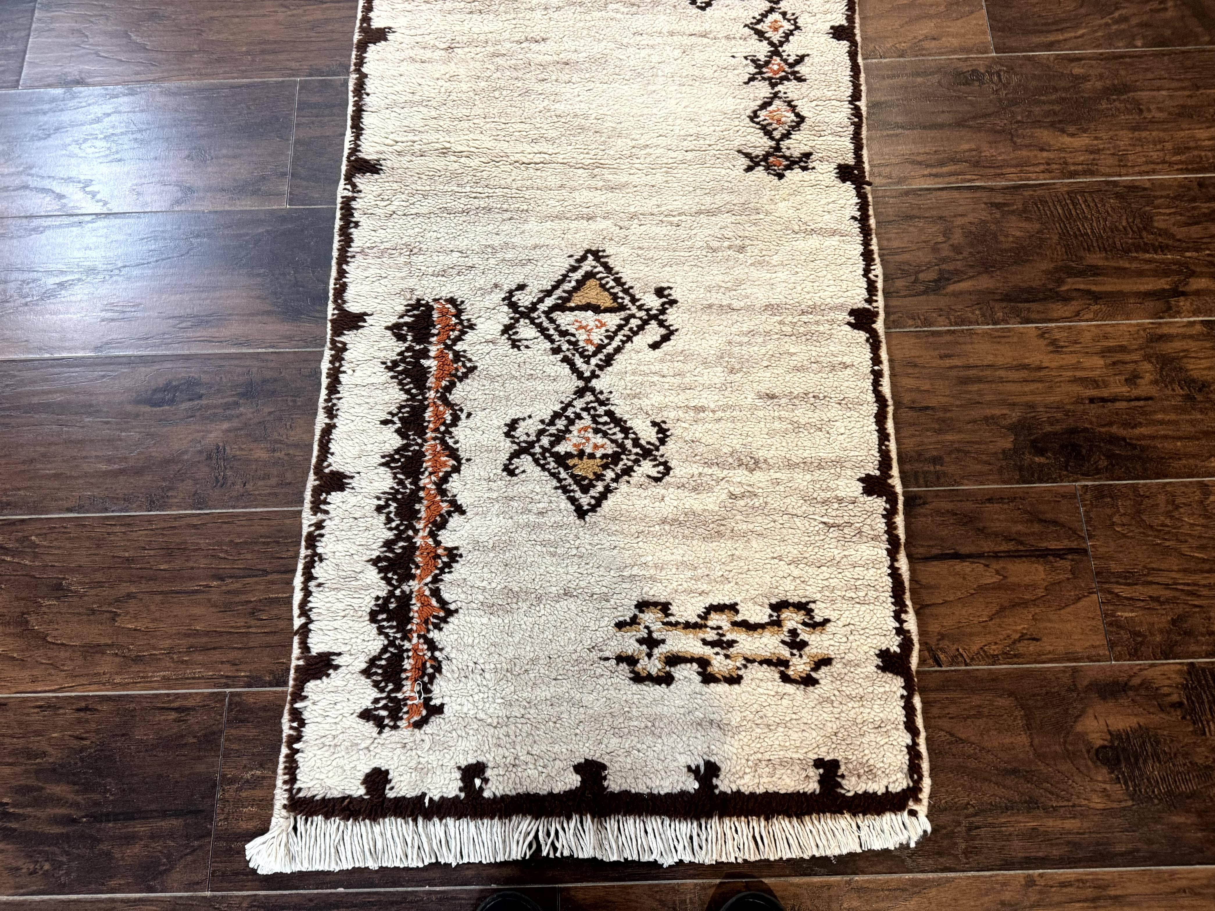 Moroccan Runner Rug 2x5, Short Runner, Geometric Abstract Tribal Design, Wool Carpet, Ivory - Jewel Rugs