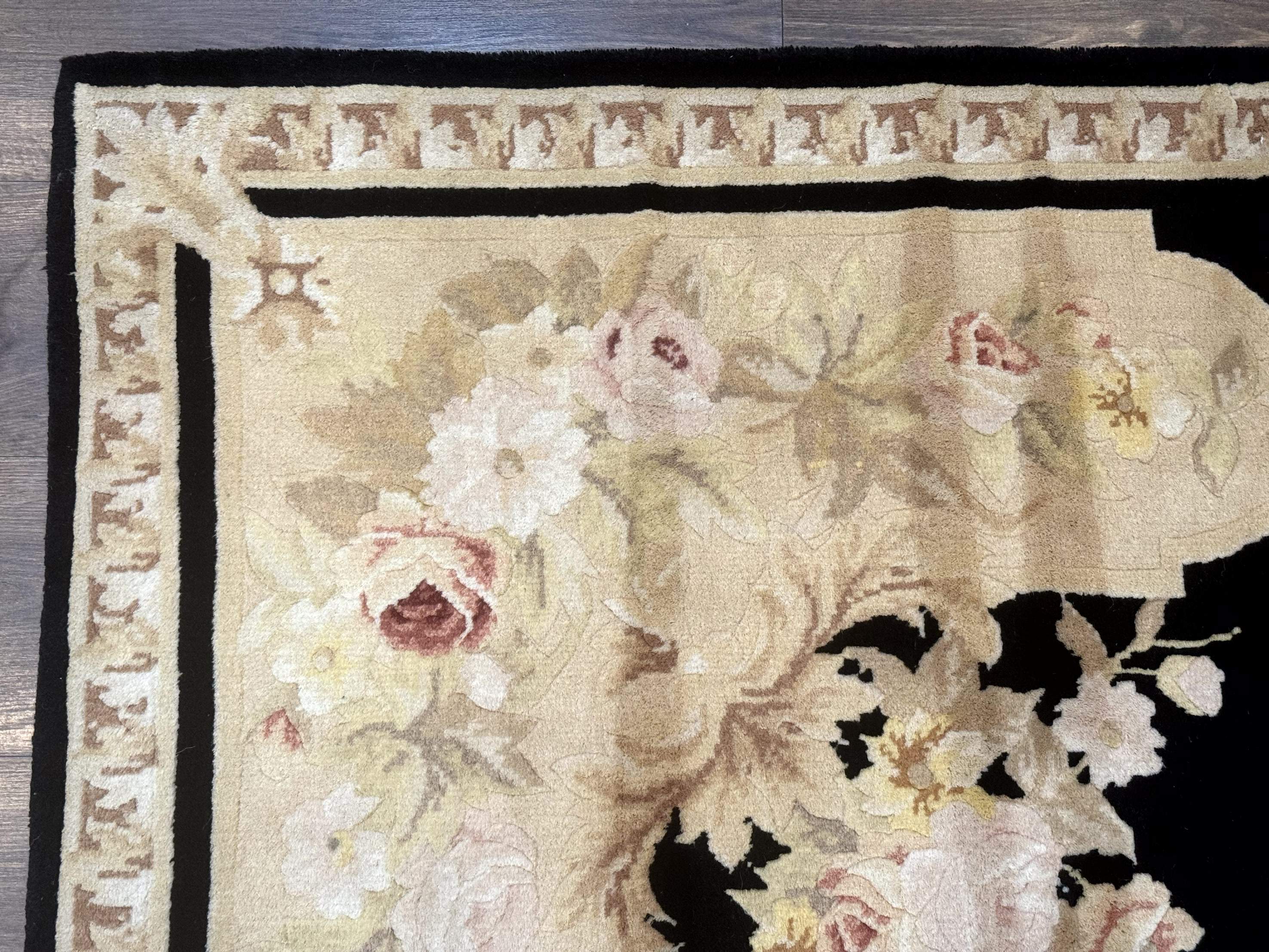 Chinese Aubusson Rug 6x9, Wool Pile, Black, Floral, Elegant - Jewel Rugs