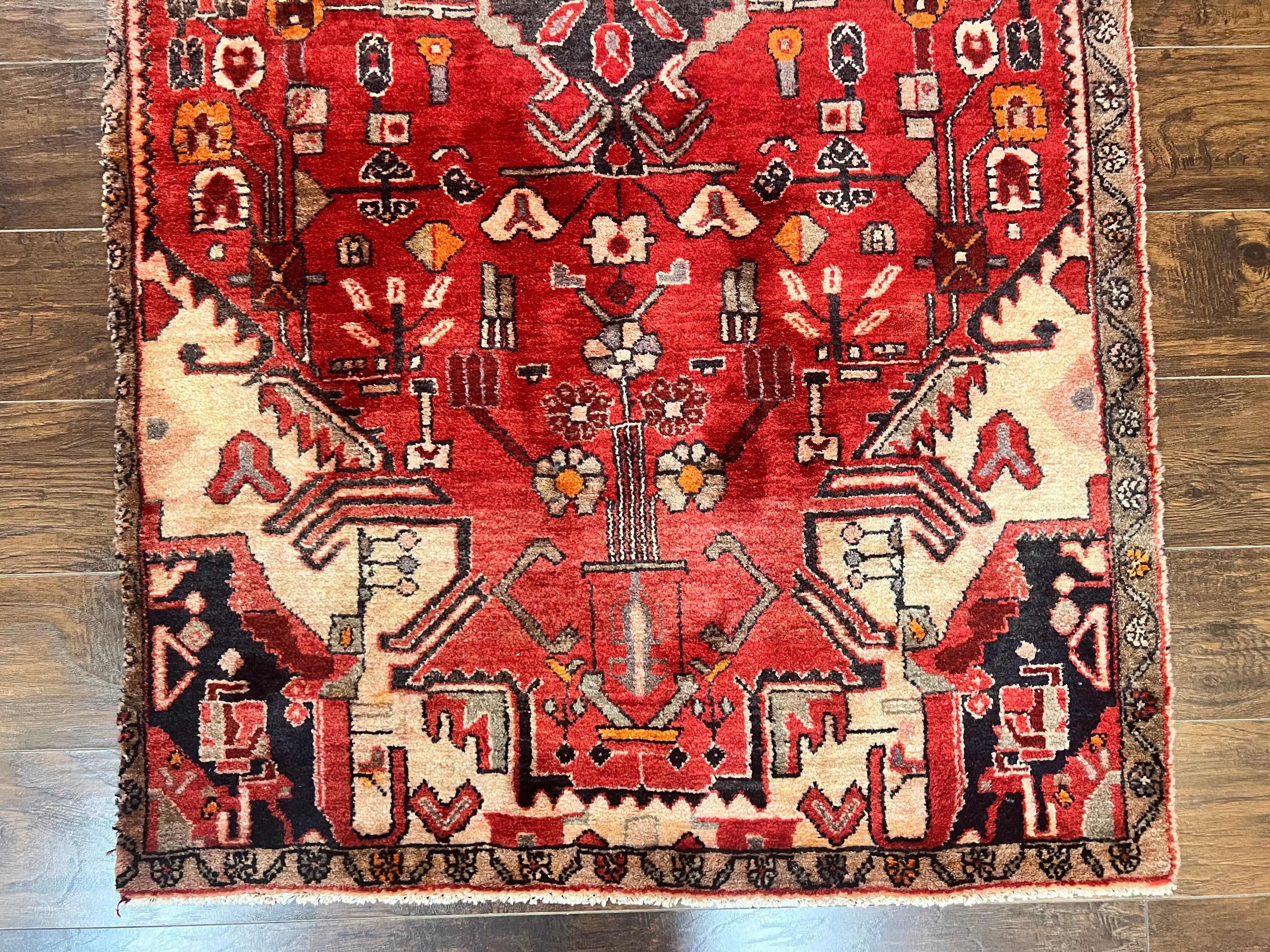 Antique Persian Tribal Rug 4 x 8, Geometric Medallion, Boho Rug, Wool Handmade Rug, Red 4x8 Rug, Persian Hamadan Rug - Jewel Rugs