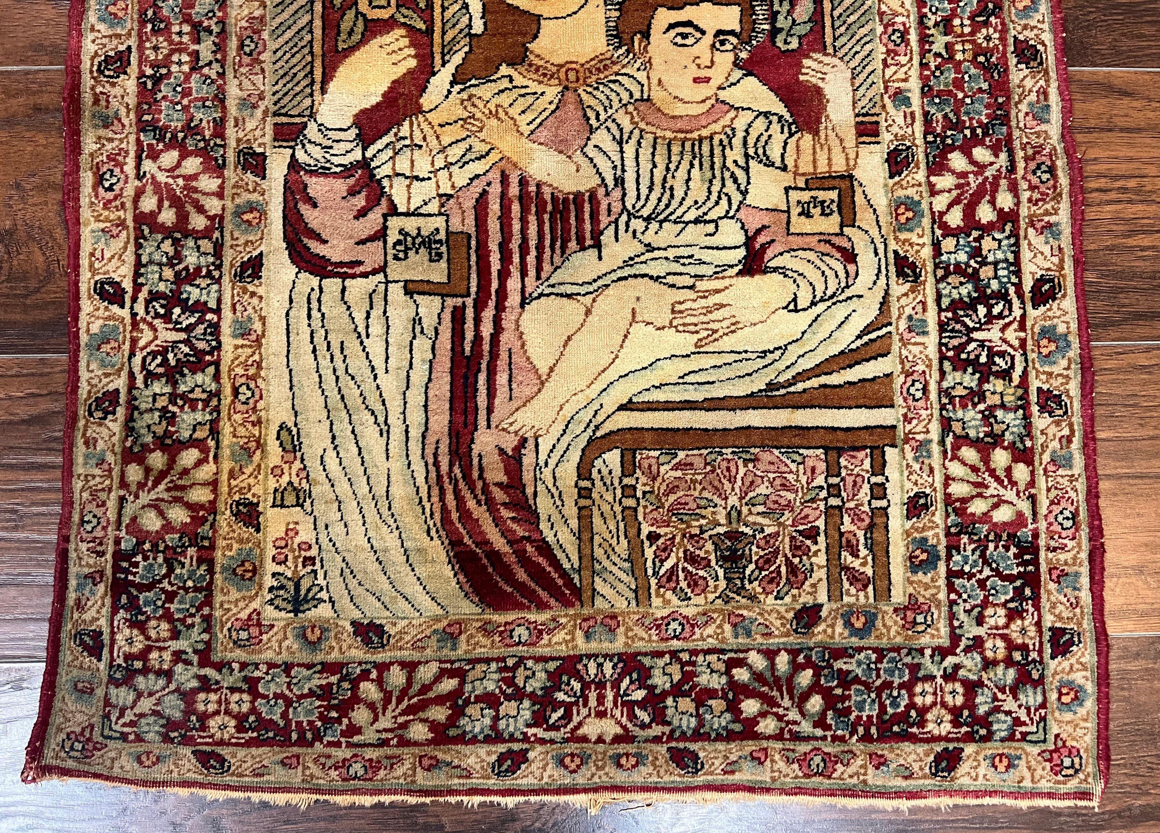 Antique Persian Pictorial Rug 2x3, Virgin Mary and Young Jesus, Rare Christian Kirman Lavar Rug, Hand Knotted Wool Carpet, Collectible - Jewel Rugs