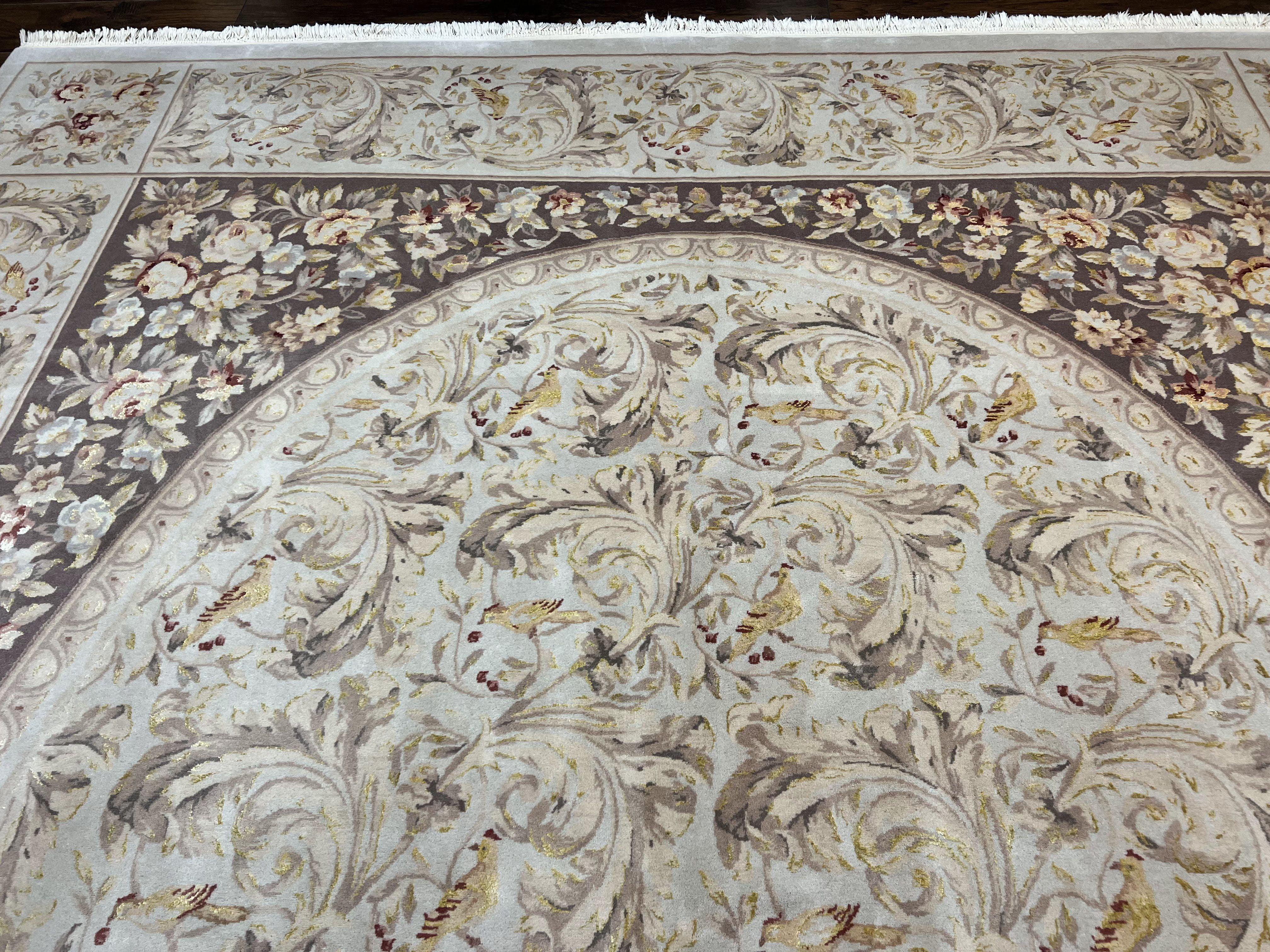Aubusson Rug 10x14, Wool & Silk Highlights Hand Knotted Vintage Carpet, Birds Flowers, Fine Details, Elegant - Jewel Rugs
