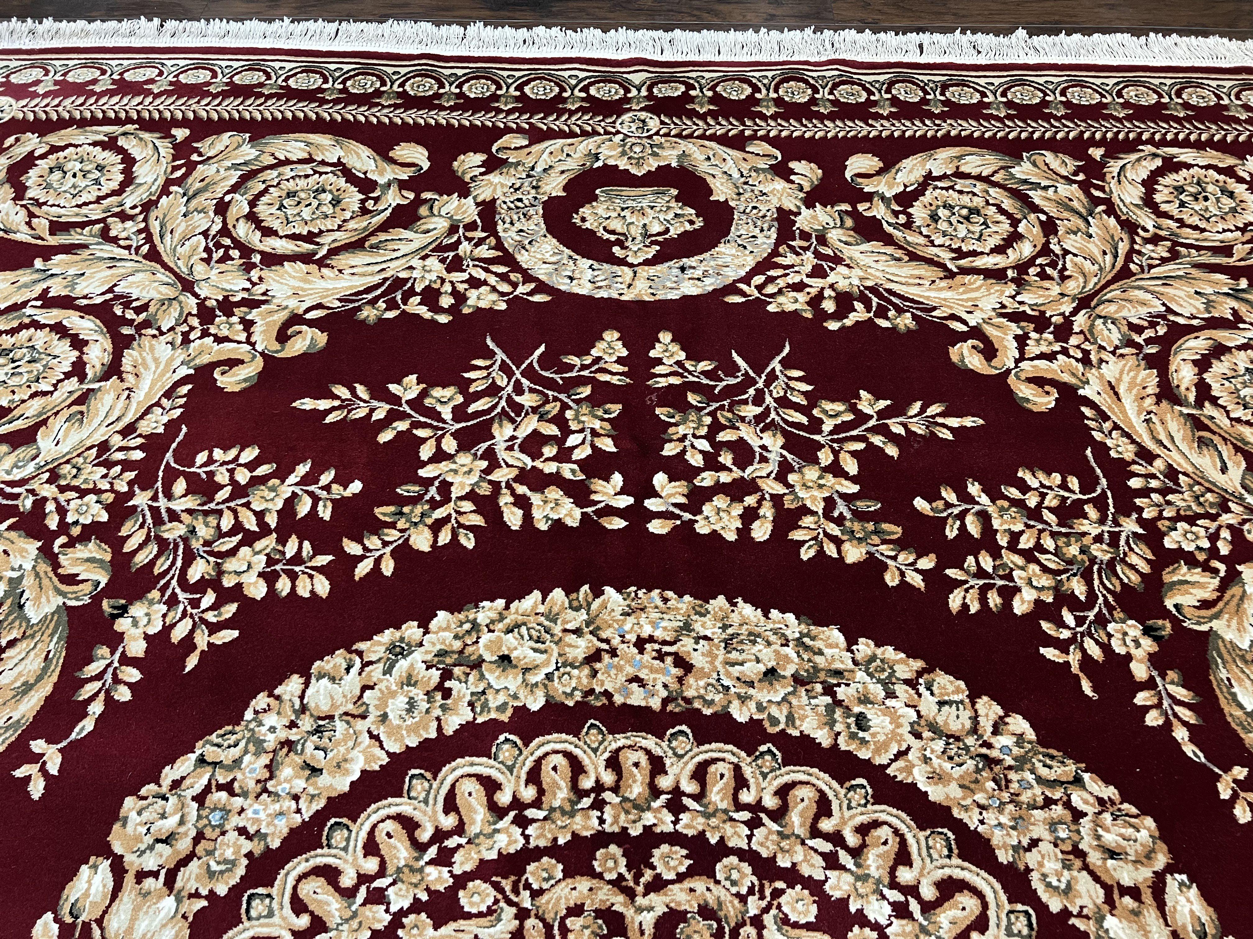 Aubusson Rug 9x12, Wool Handmade Carpet, Elegant French European Design, Dark Maroon Red, 9 x 12 Room Sized Rug, Finely Hand Knotted - Jewel Rugs
