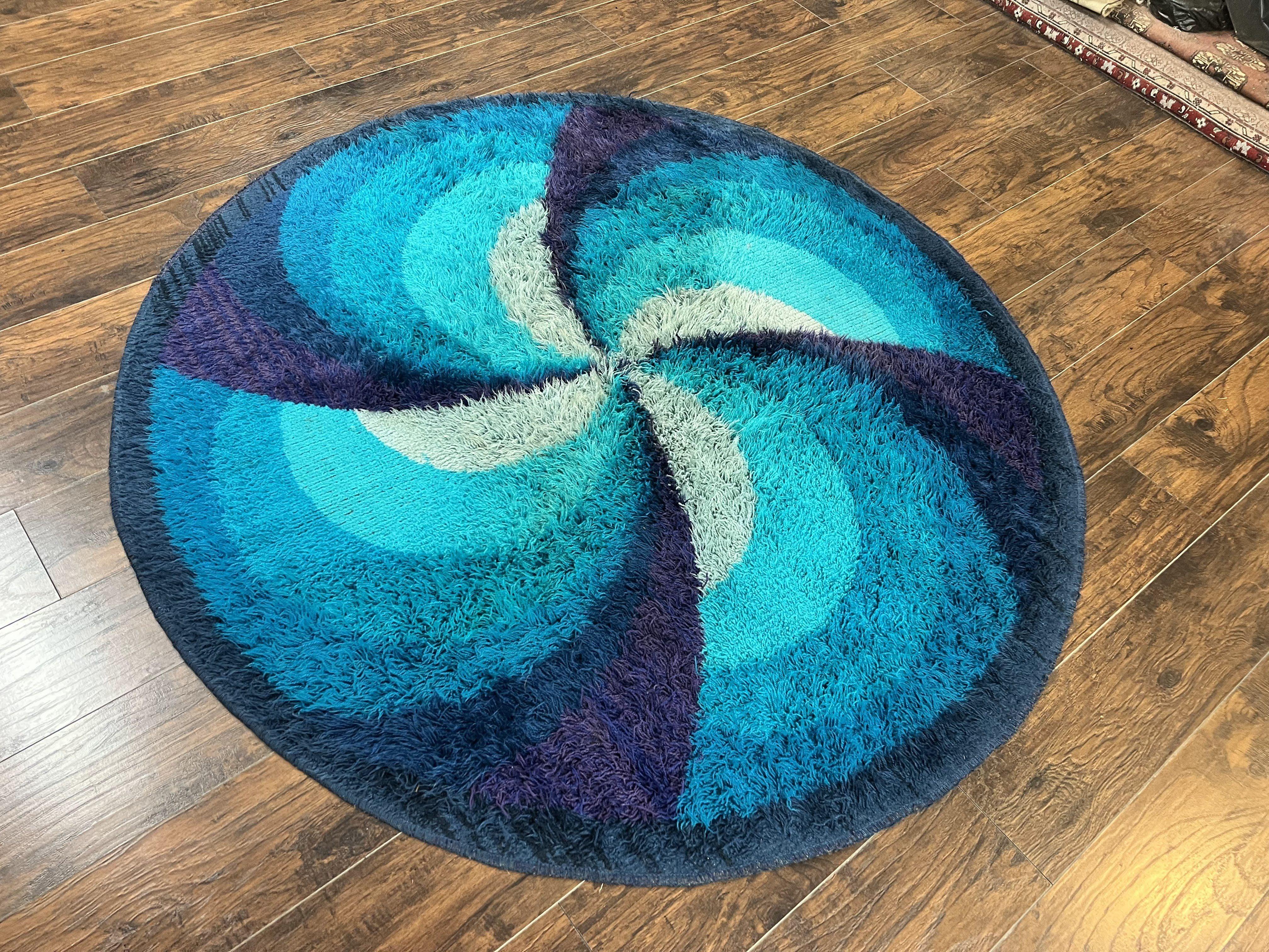 Round Rya Shag Rug 6x6 ft, Round Danish Rug, Shades of Blue, Mid Century 1960s Vintage Retro Area Rug 6ft Round - Jewel Rugs