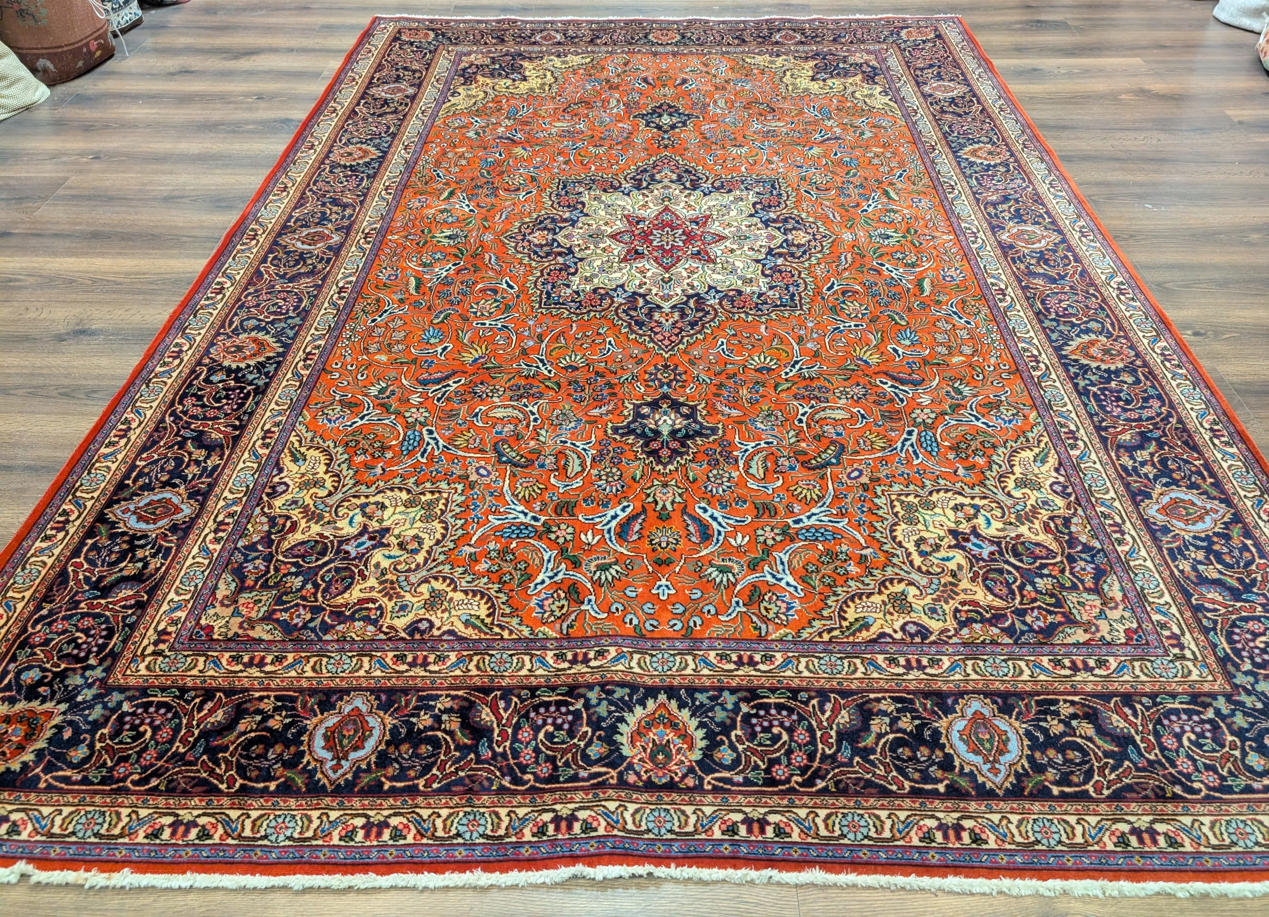 Persian Tabriz Rug 7x10, Hand-Knotted Wool Carpet, Burnt Orange & Navy Blue - Jewel Rugs