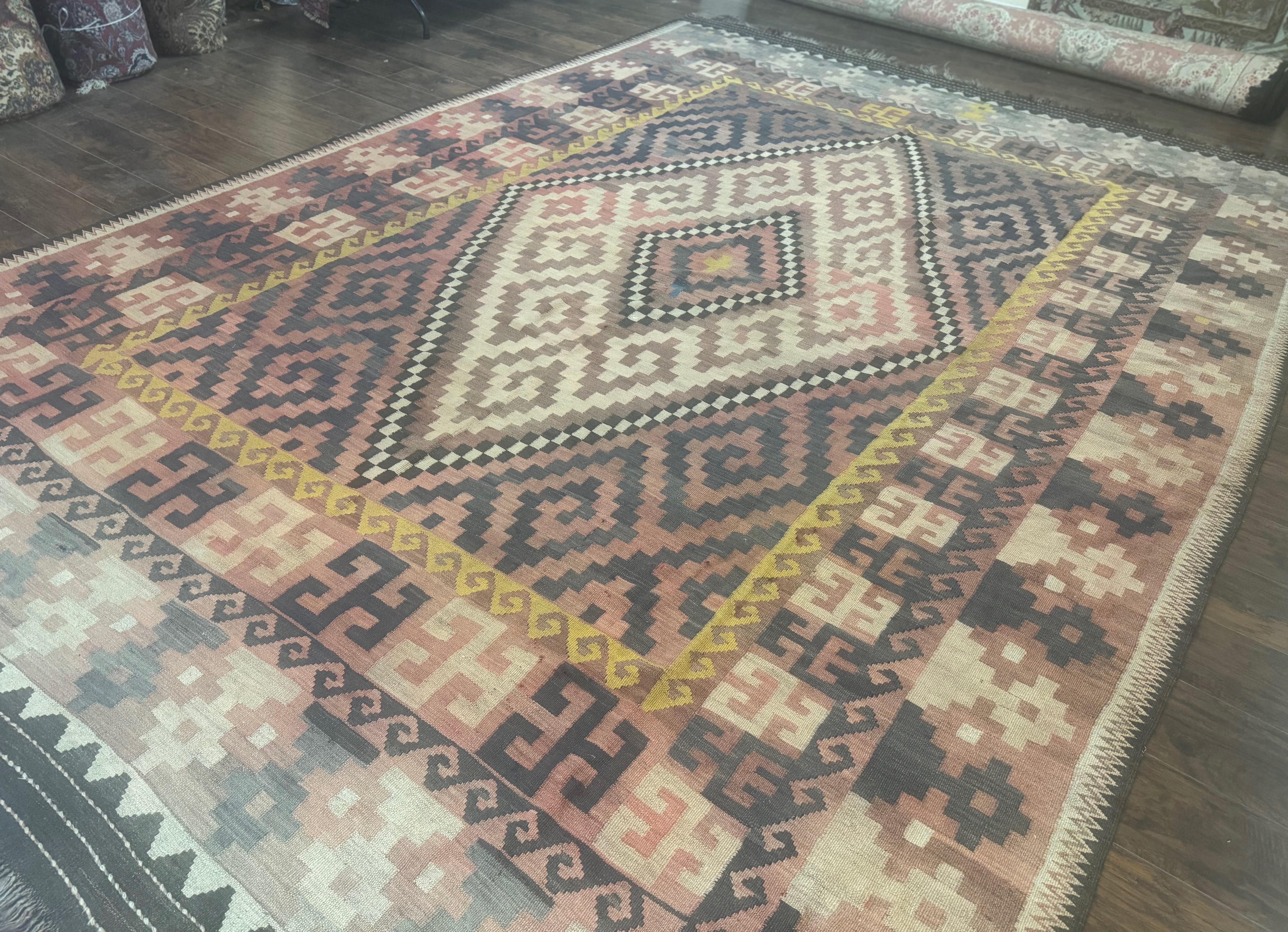 Antique Persian Tribal Kilim Rug 9x12, Zig Zag Pattern Kilim, Zarand Rug, Wool, Earth Tone Colors - Jewel Rugs