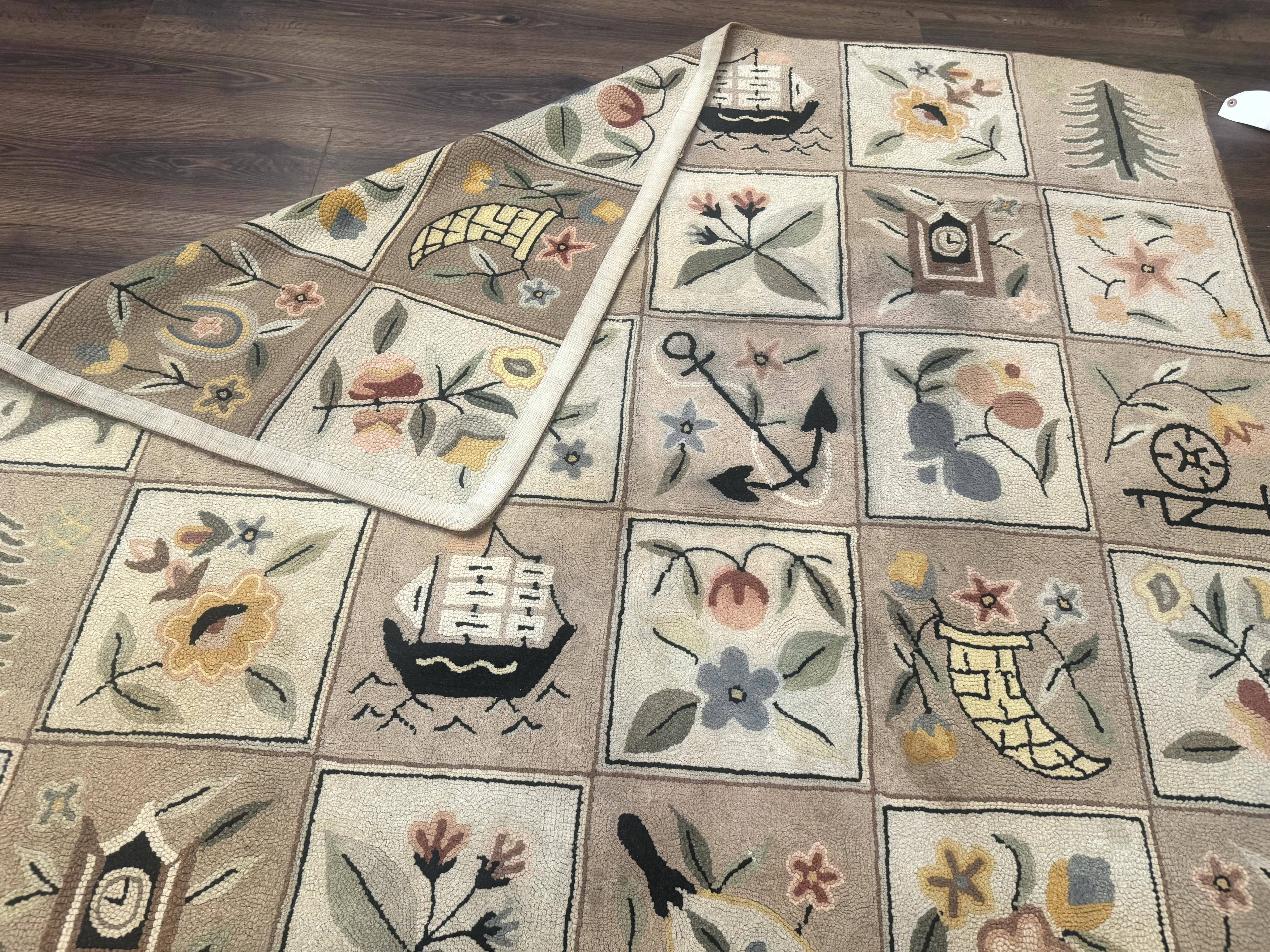 American Hooked Rug 6x9, Panel Design, Vintage, Ivory & Soft Pink - Jewel Rugs