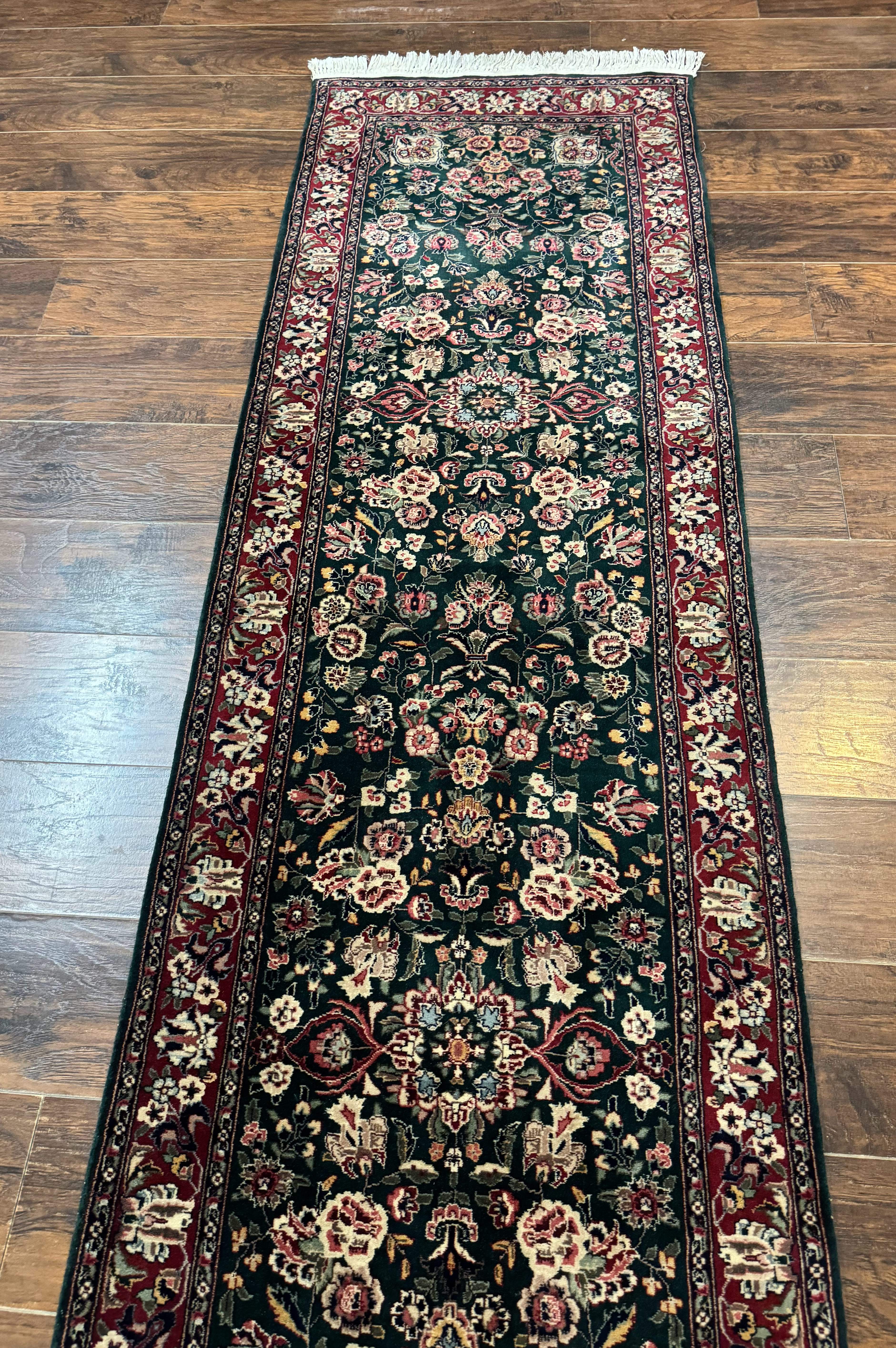 Pak Persian Runner Rug 3x12 – Dark Green and Wine Red, Hand-Knotted Wool, Vintage - Jewel Rugs