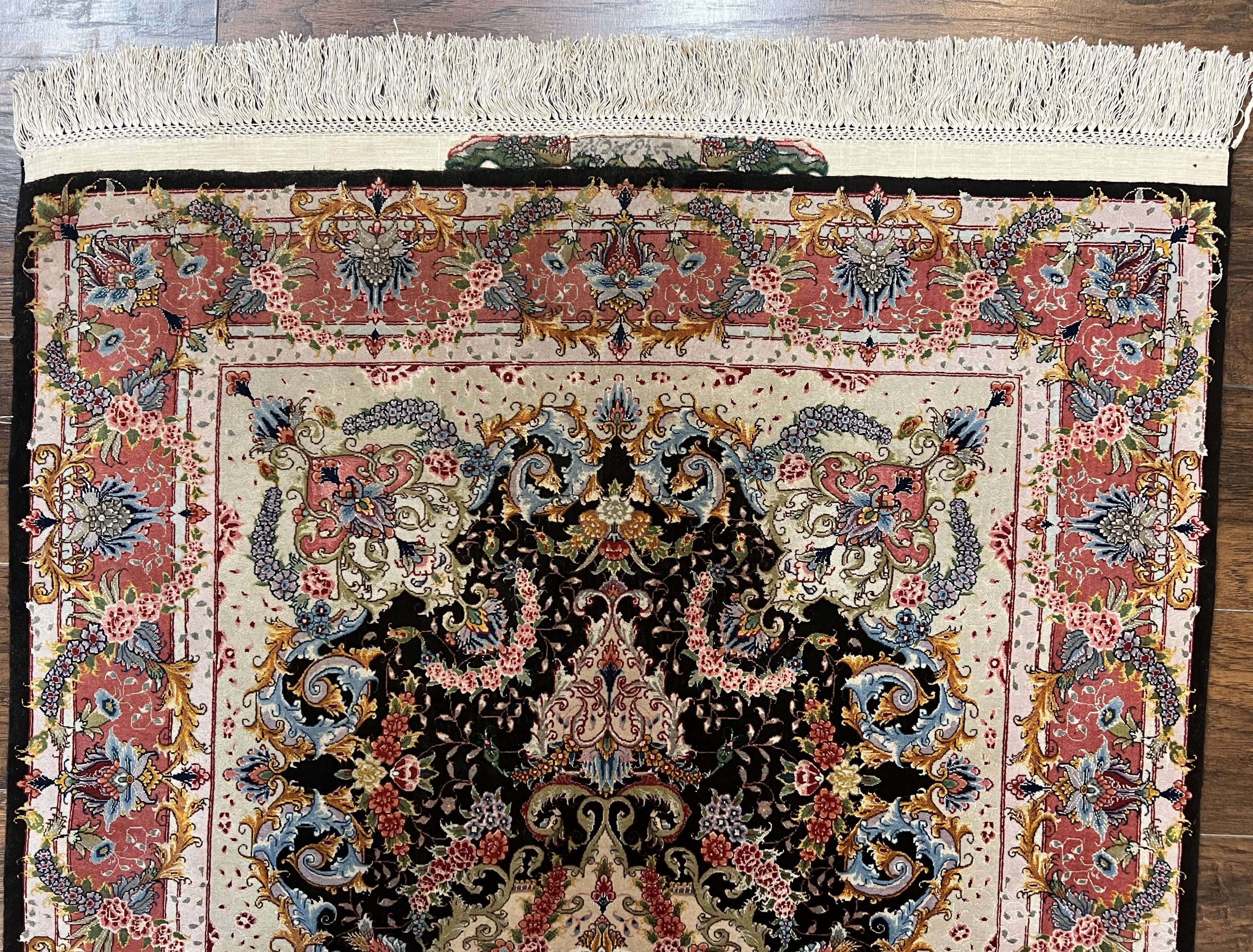 Stunning Persian Tabriz Rug 3.5 x 5, Super Fine, Kork Wool on Silk, Floral Medallion, 70 Raj, 650 KPSI, Signed Master Piece, Hand Knotted, Black - Jewel Rugs