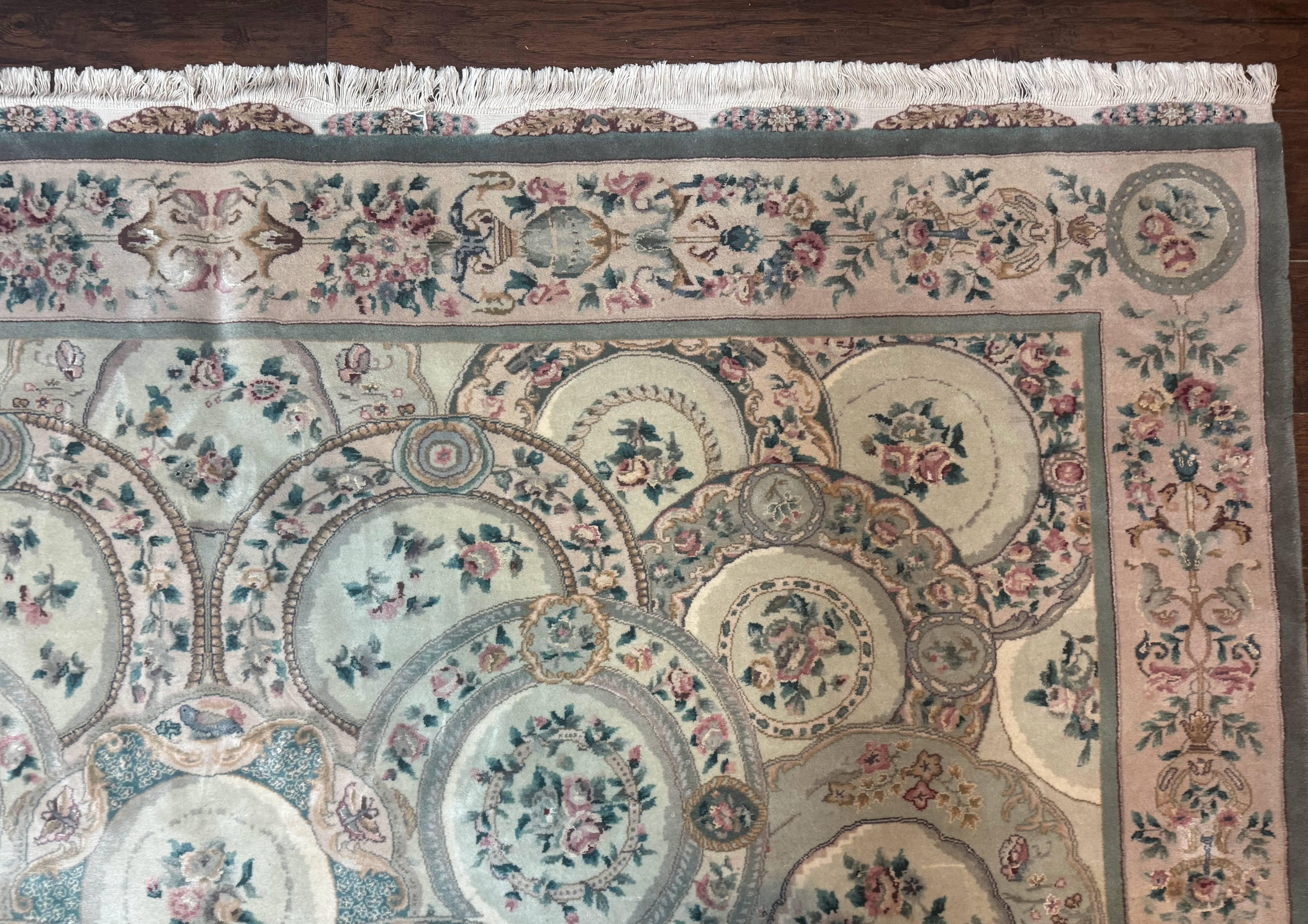 Pak Persian Rug 9x12, Wool with Silk Highlights, European Design, Floral, Green - Jewel Rugs