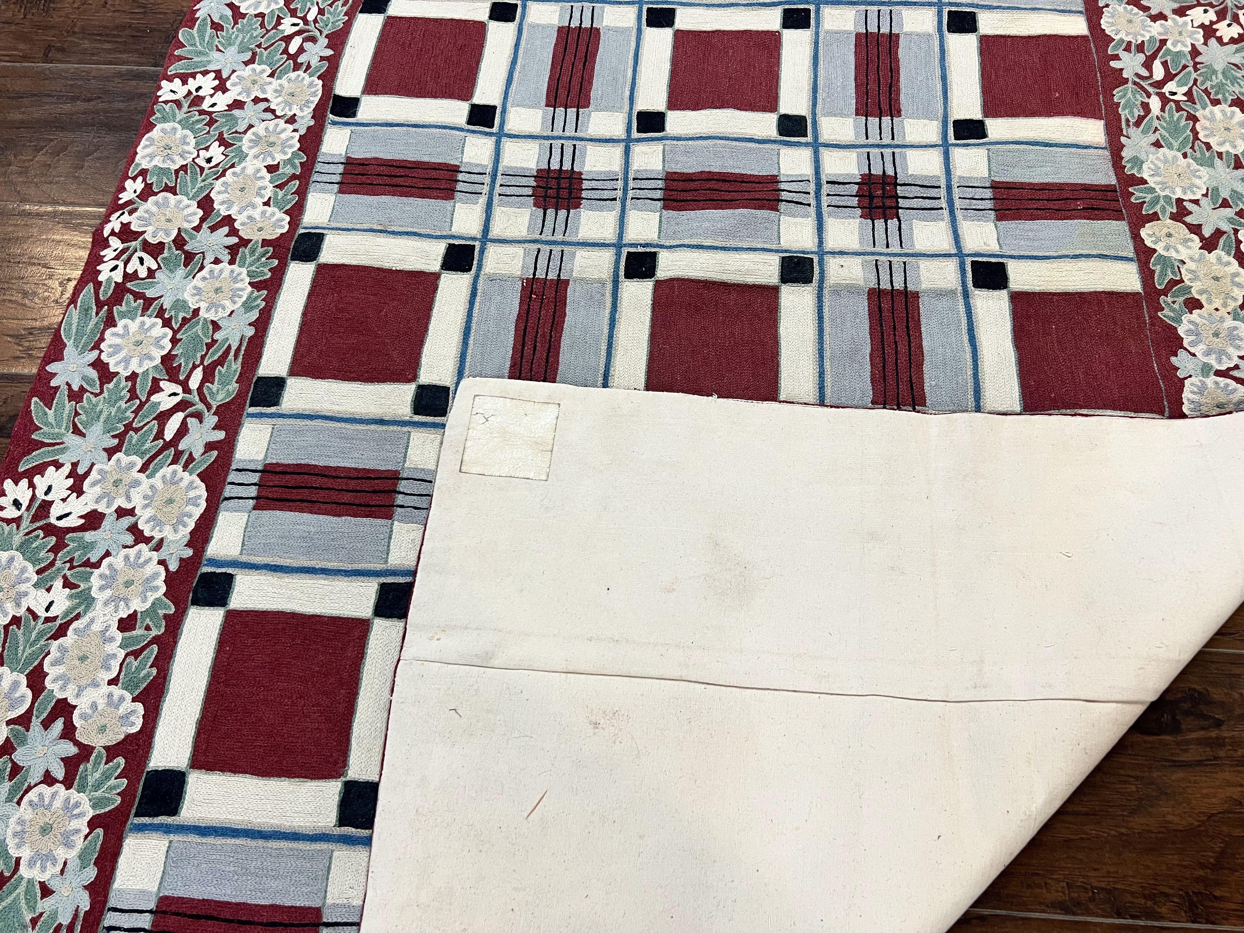 Indian Hand Stitched Rug 4x6, Vintage Carpet, Checkerboard Floral Pattern, Maroon Ivory, Flatweave, Wool - Jewel Rugs