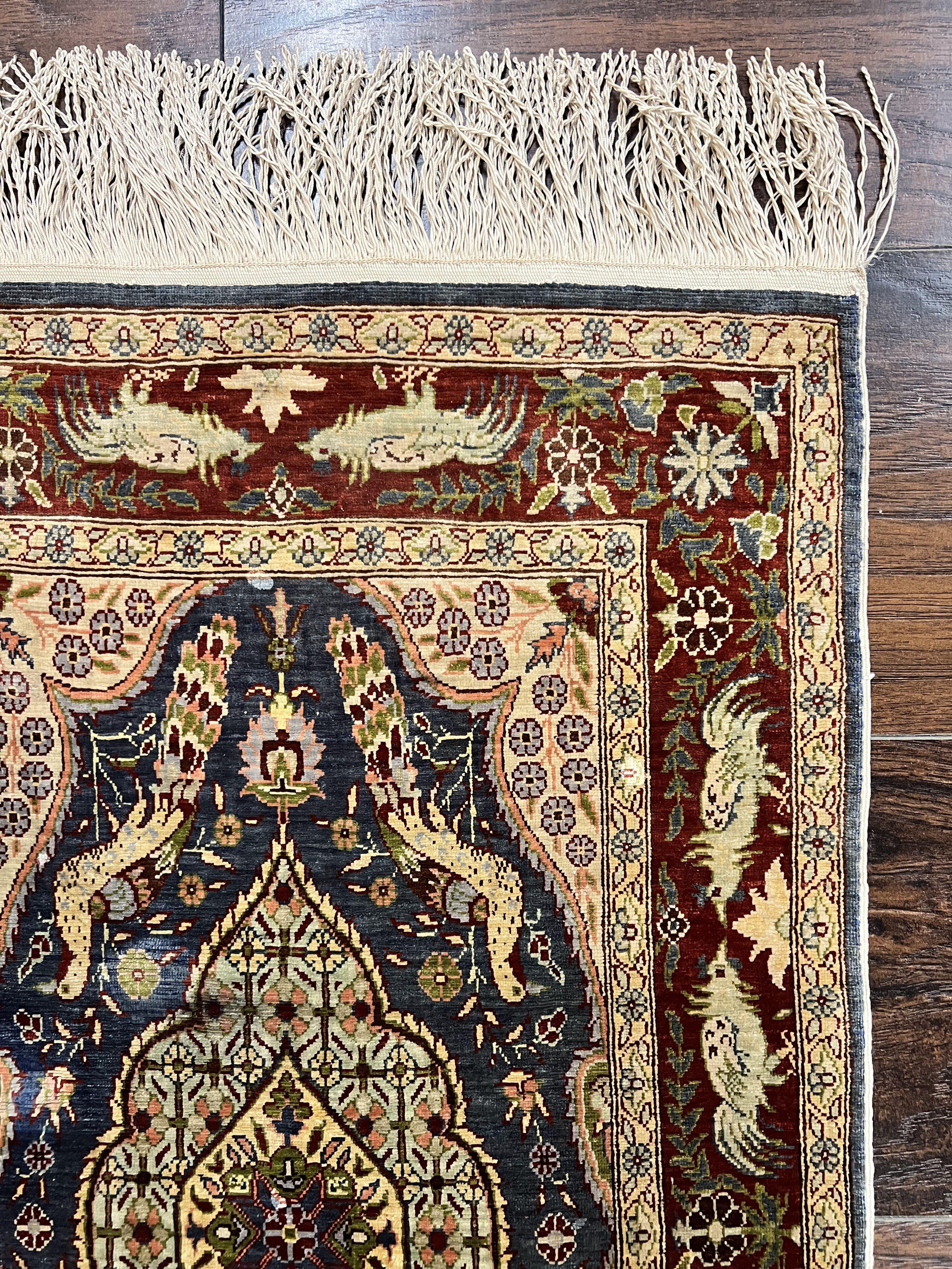 Silk Turkish Hereke Rug 2x3, Peacocks Birds, Signature from Master Weaver, Super Finely Hand Knotted 550 KPSI, Animal Pictorials - Jewel Rugs