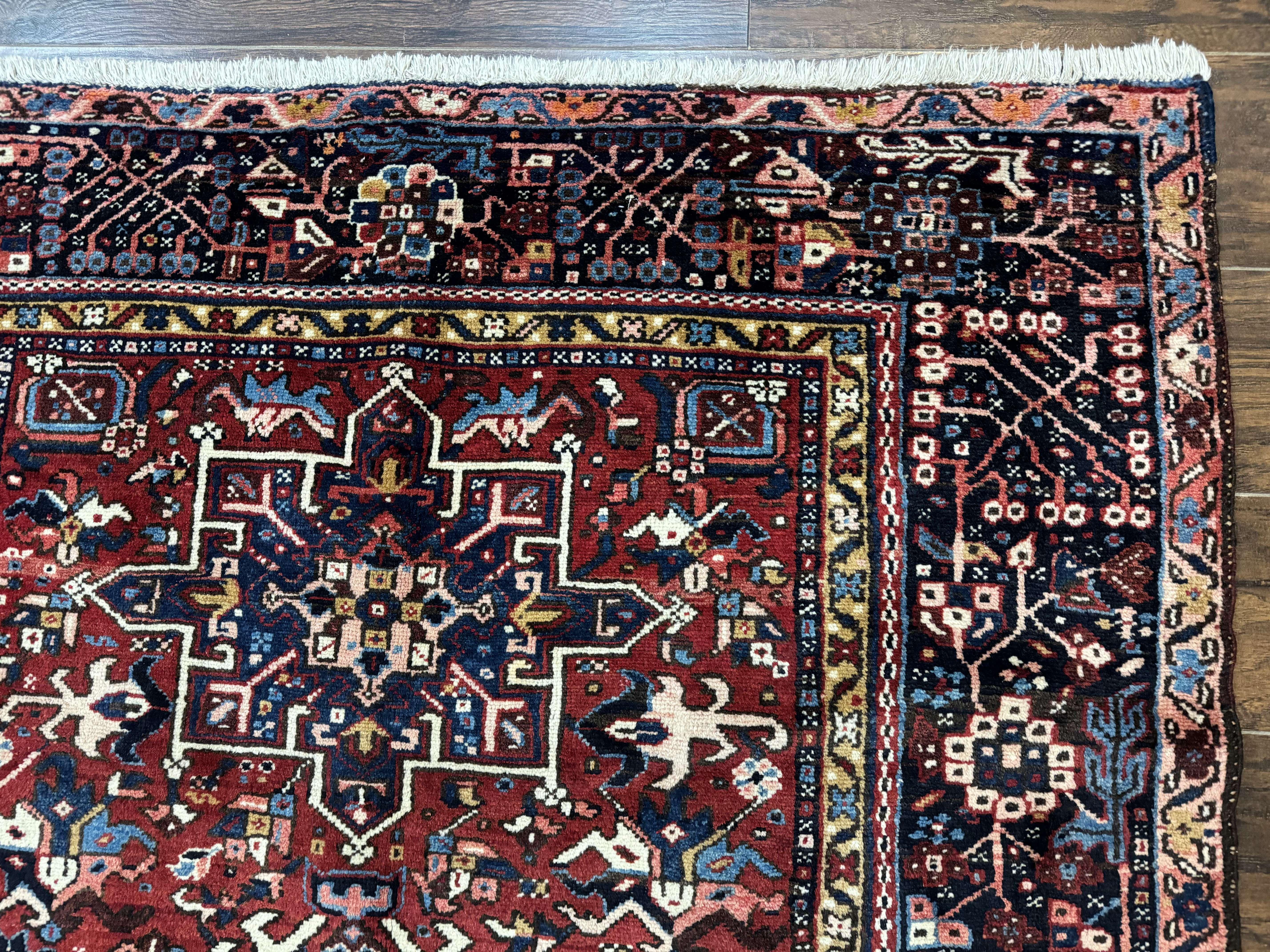 Persian Karajeh Rug 5x6, Antique Heriz Carpet, Geometric, Persian Tribal Rug, Brick Red Navy Blue - Jewel Rugs