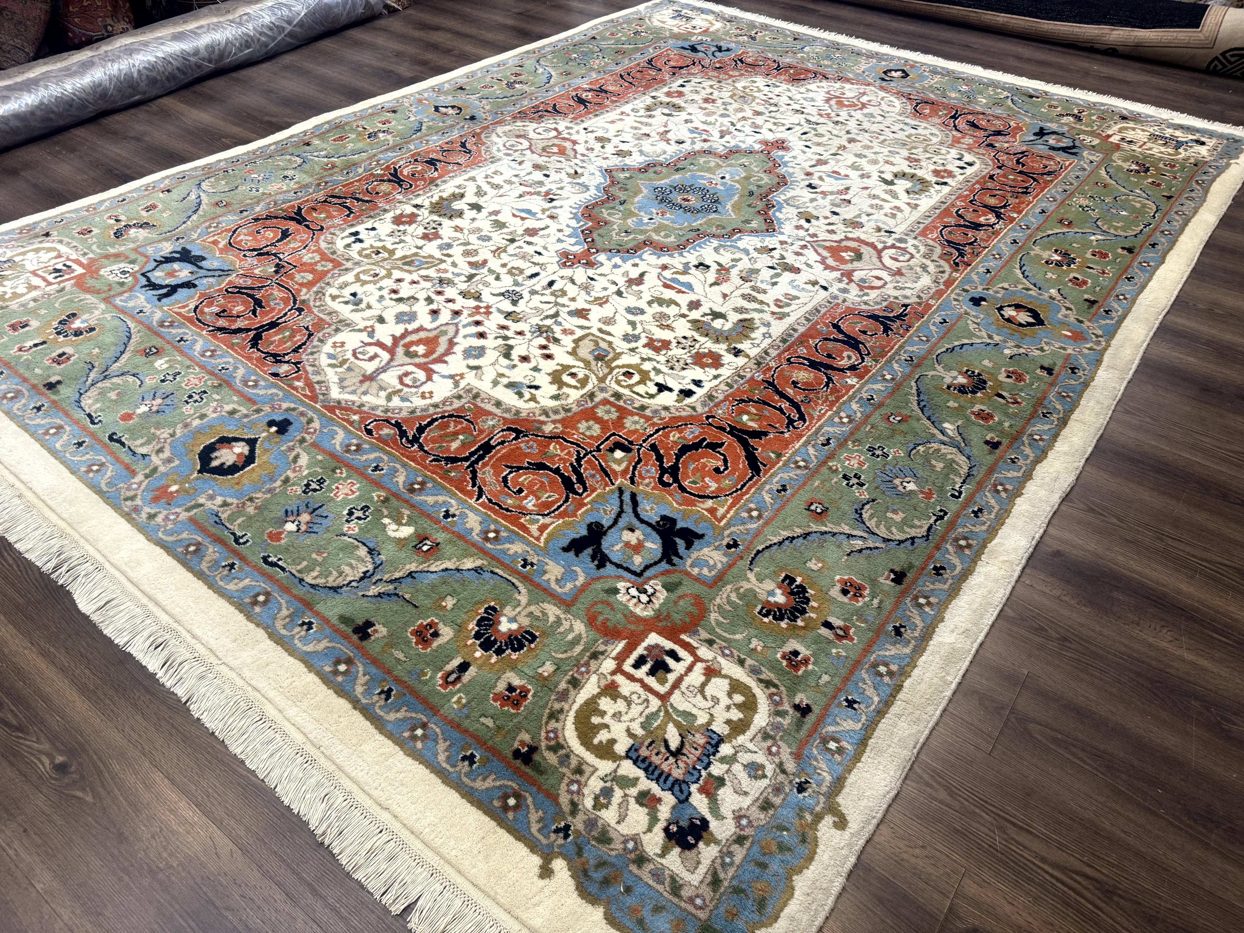 Indo Persian Rug 9x12, Ivory Red Green, Traditional Oriental Carpet - Jewel Rugs