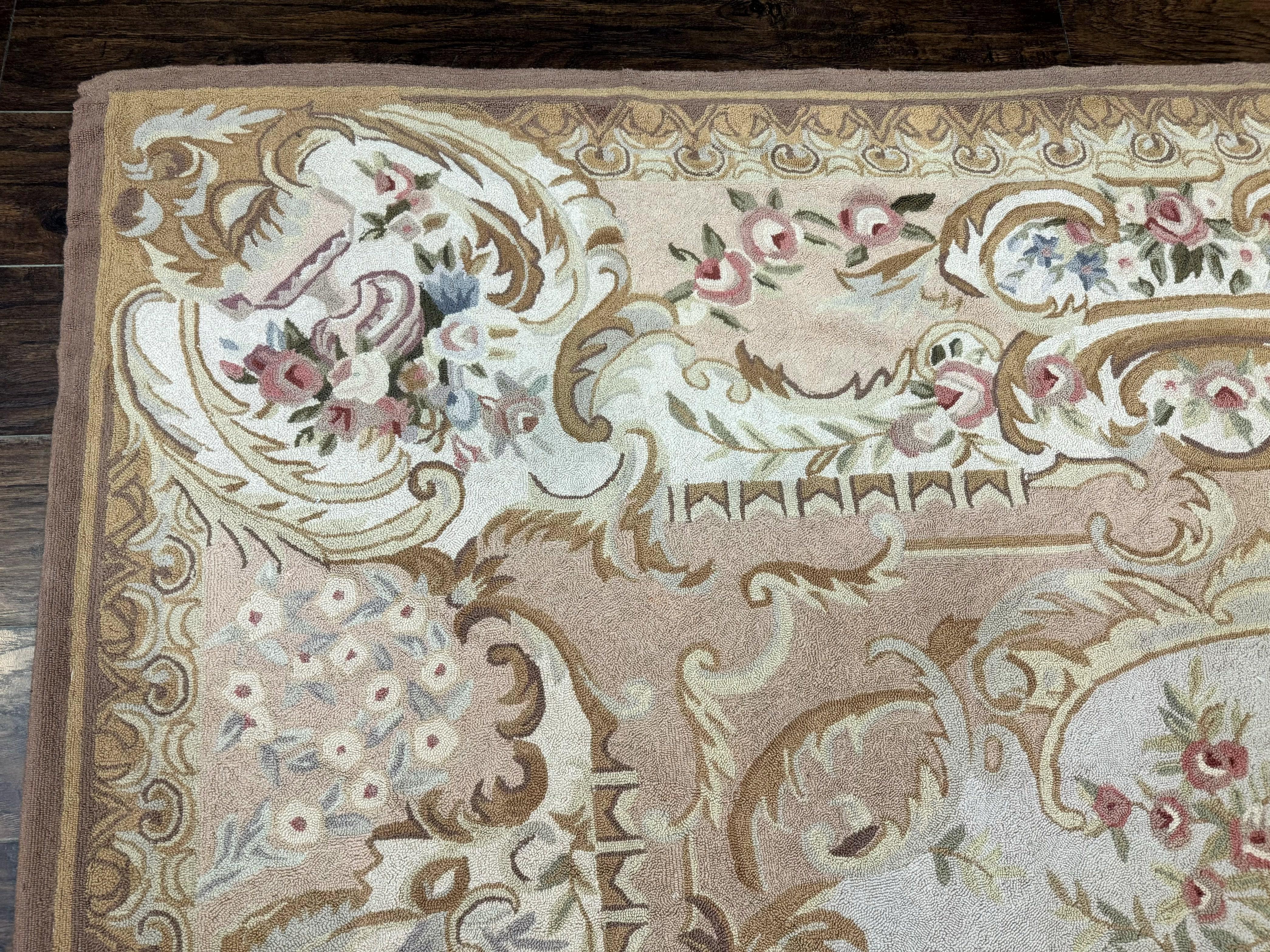 Hooked Aubusson Rug 8x11, Light Blue Ivory Beige Pink, Elegant European Design, Vintage - Jewel Rugs