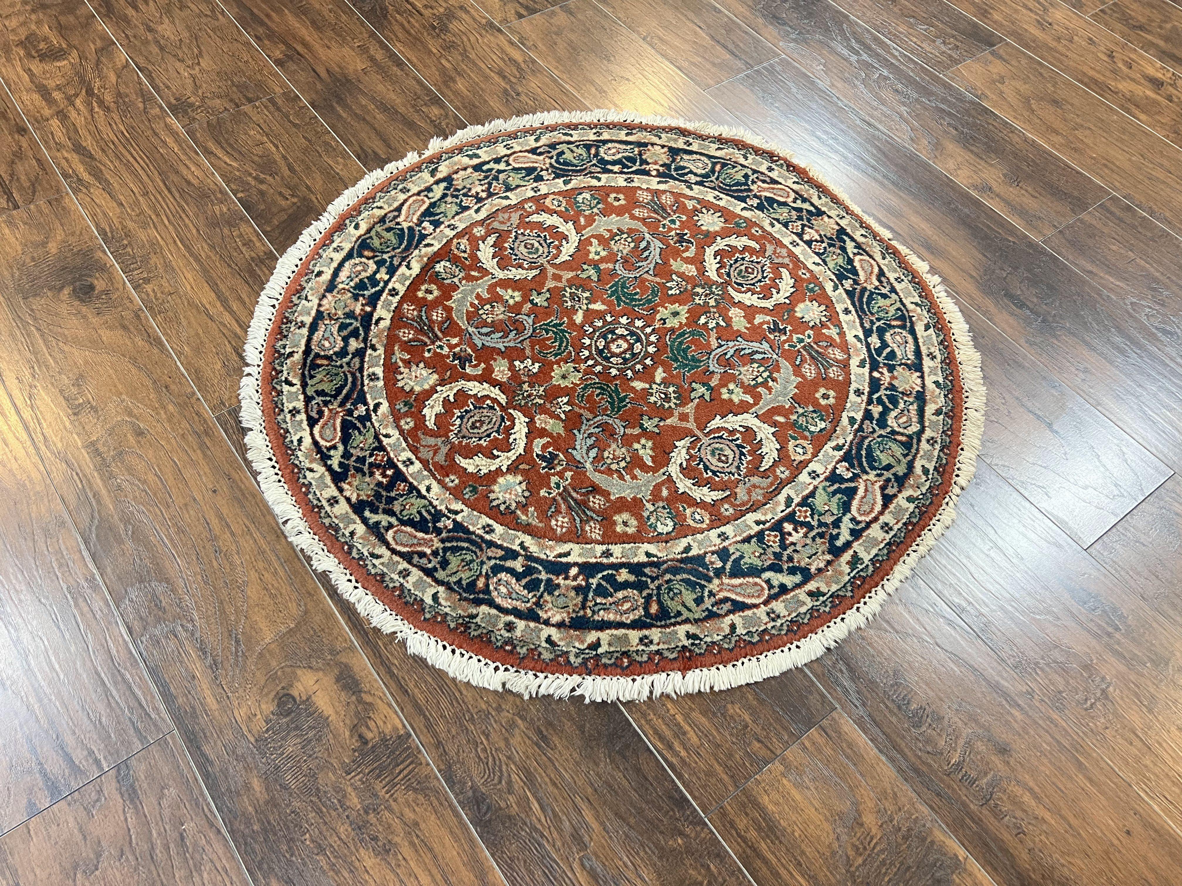 Round Rug 3x3, Indo Persian Oriental Carpet 3ft Round, Small Round Rug, Red Floral Allover Wool Hand Knotted Vintage Traditional Rug - Jewel Rugs