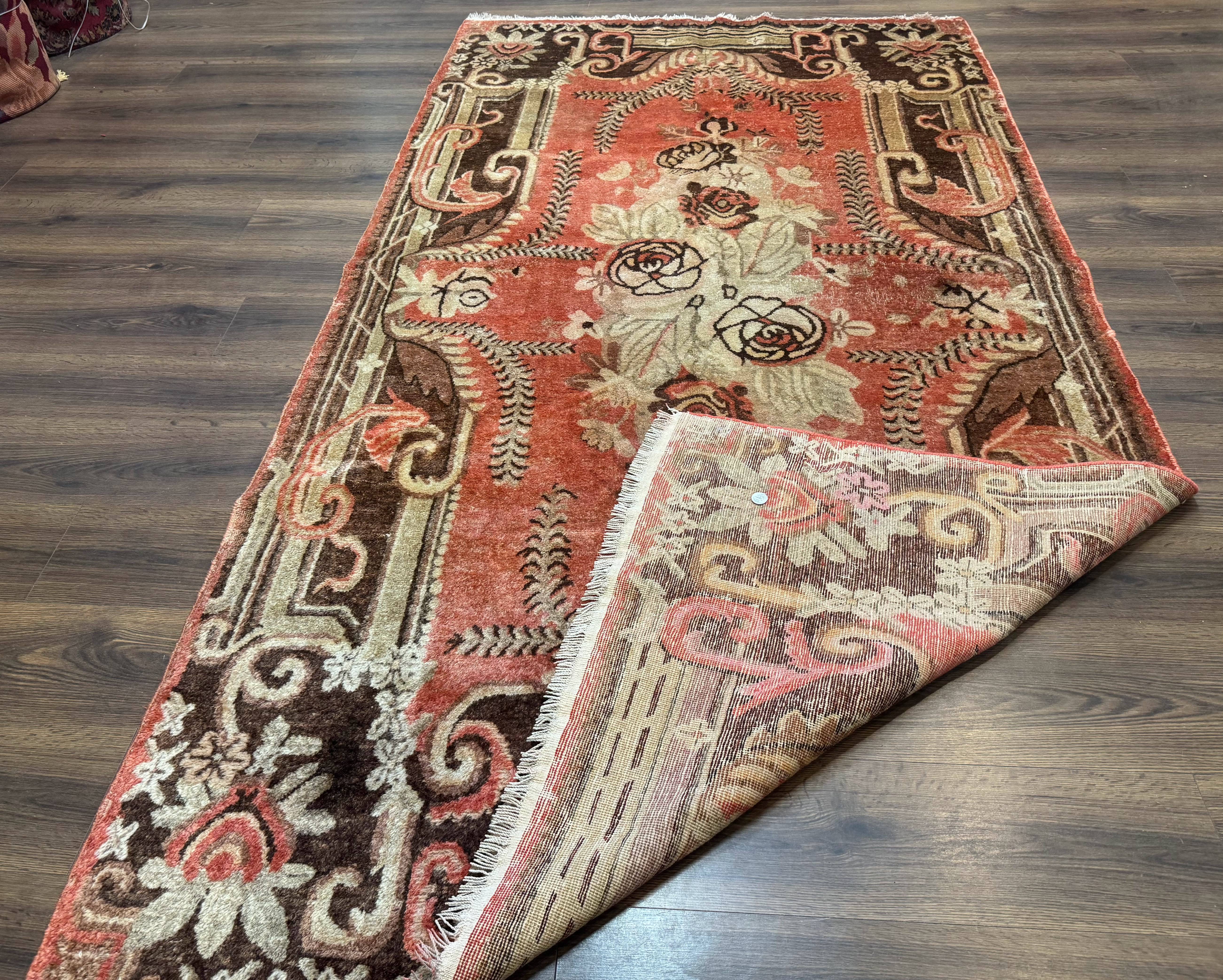 Khotan Rug 5x9, Terracotta and Brown, Floral, Chinese Wool Carpet, Antique Rug - Jewel Rugs