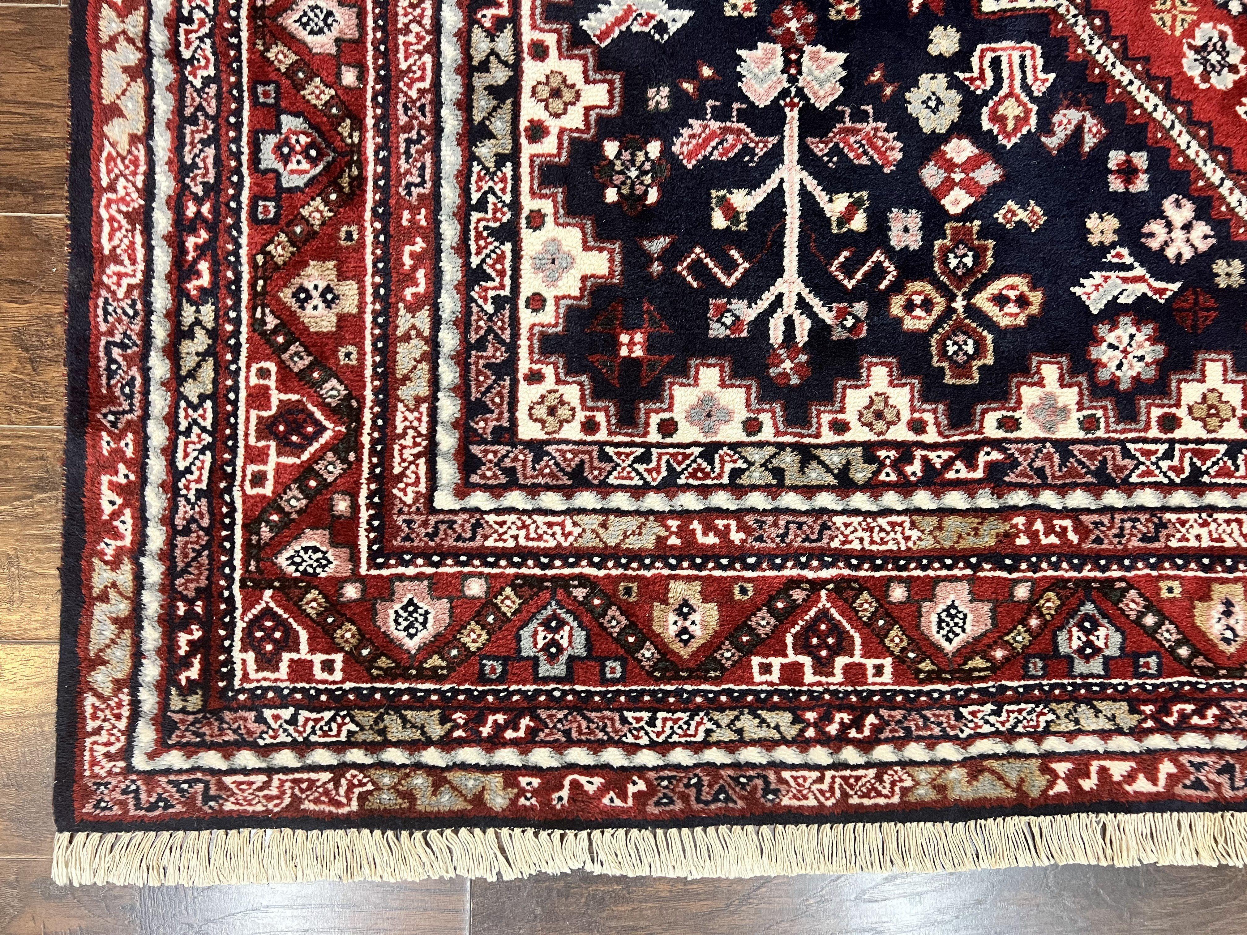 Persian Shiraz Tribal Rug 8x9, Geometric Medallions, Navy Blue and Red, Hand Knotted Handmade Semi Antique Wool Carpet - Jewel Rugs