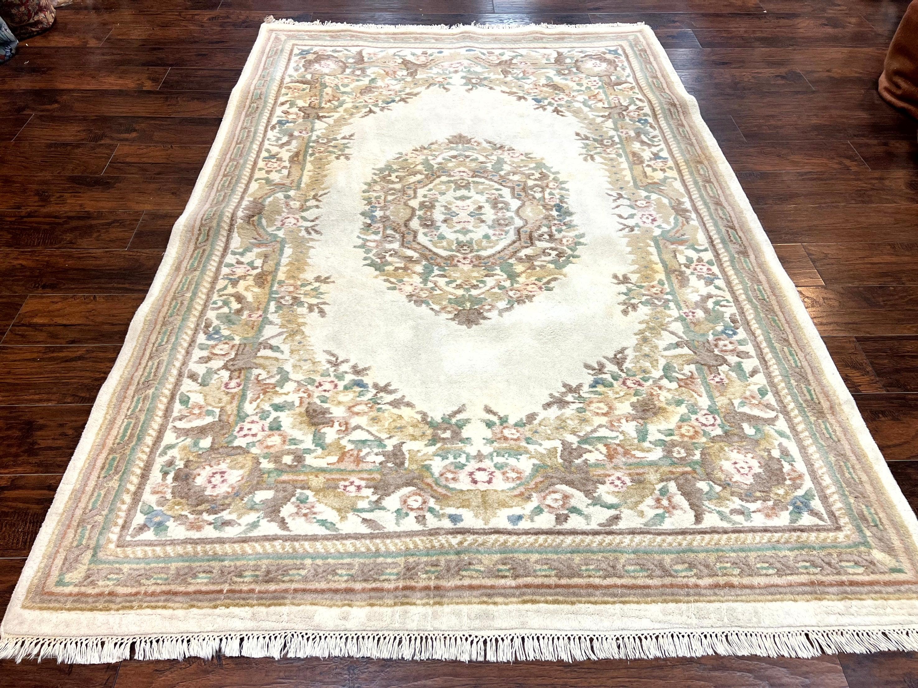 Indo Chinese Aubusson Rug 6x9, Wool Vintage Handmade Rug, Beige - Jewel Rugs