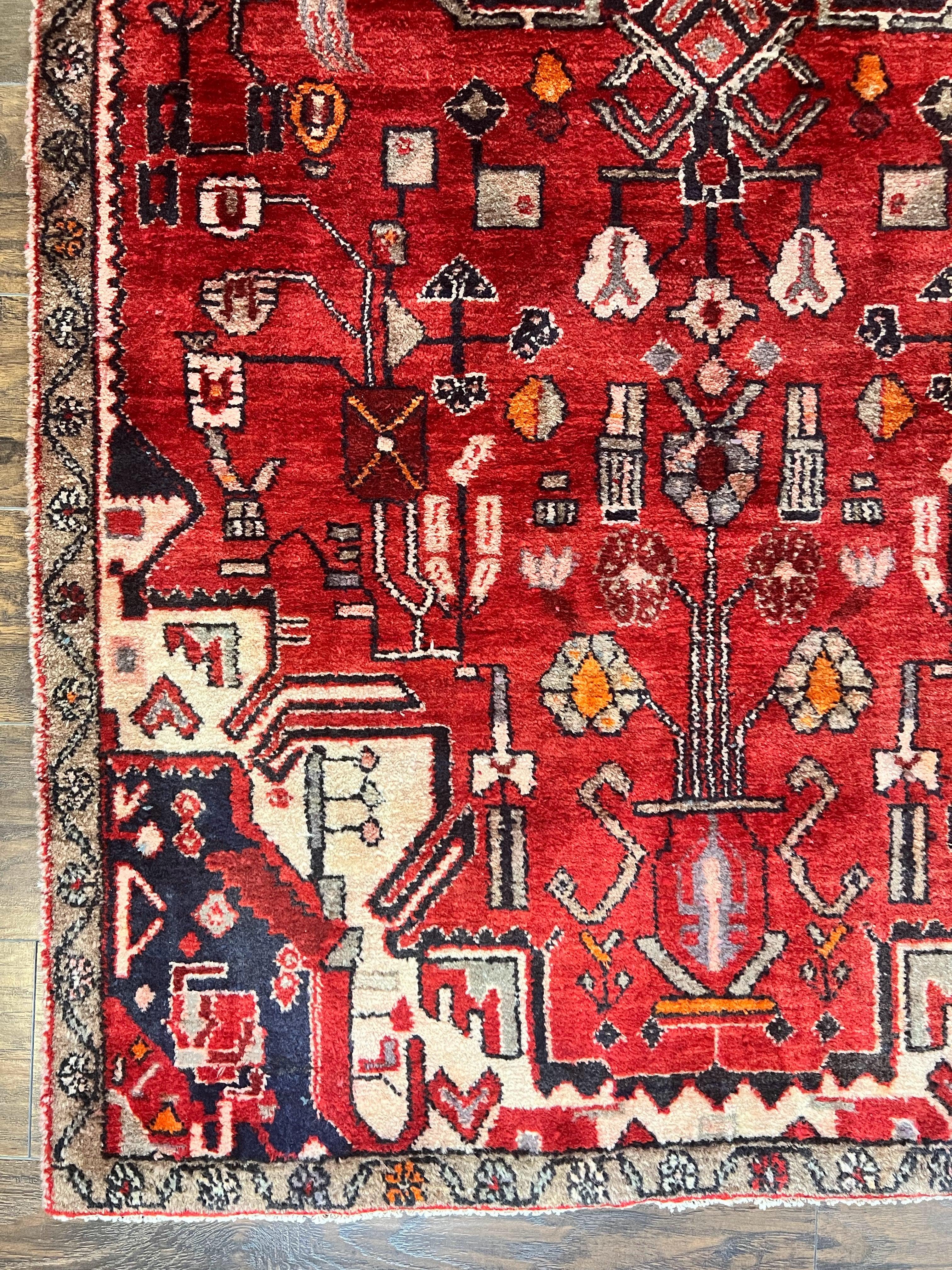 Antique Persian Tribal Rug 4 x 8, Geometric Medallion, Boho Rug, Wool Handmade Rug, Red 4x8 Rug, Persian Hamadan Rug - Jewel Rugs