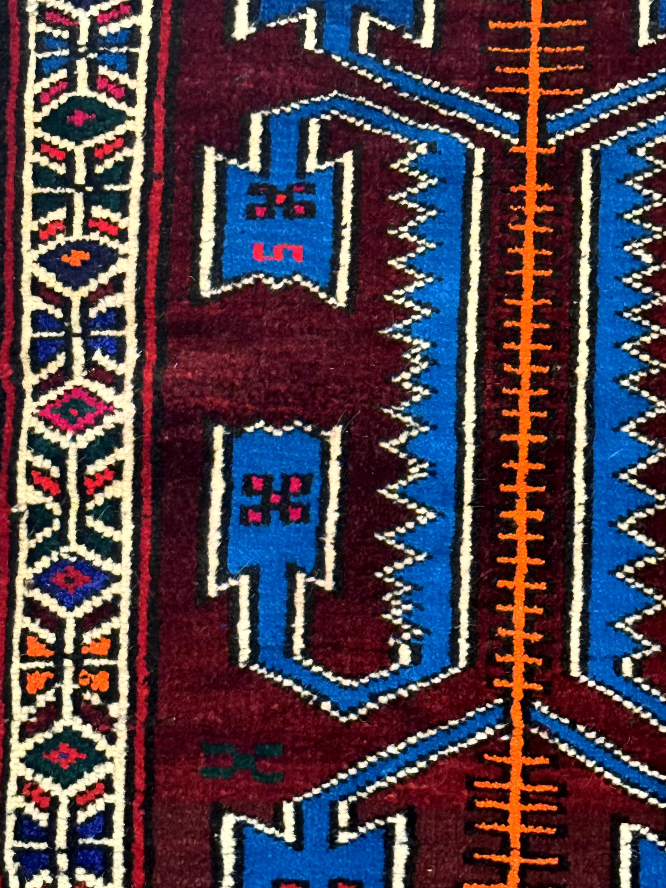 Persian Tribal Rug 1.8 x 2, Small Balouchi Rug, Unique Design, Burgundy and Blue - Jewel Rugs