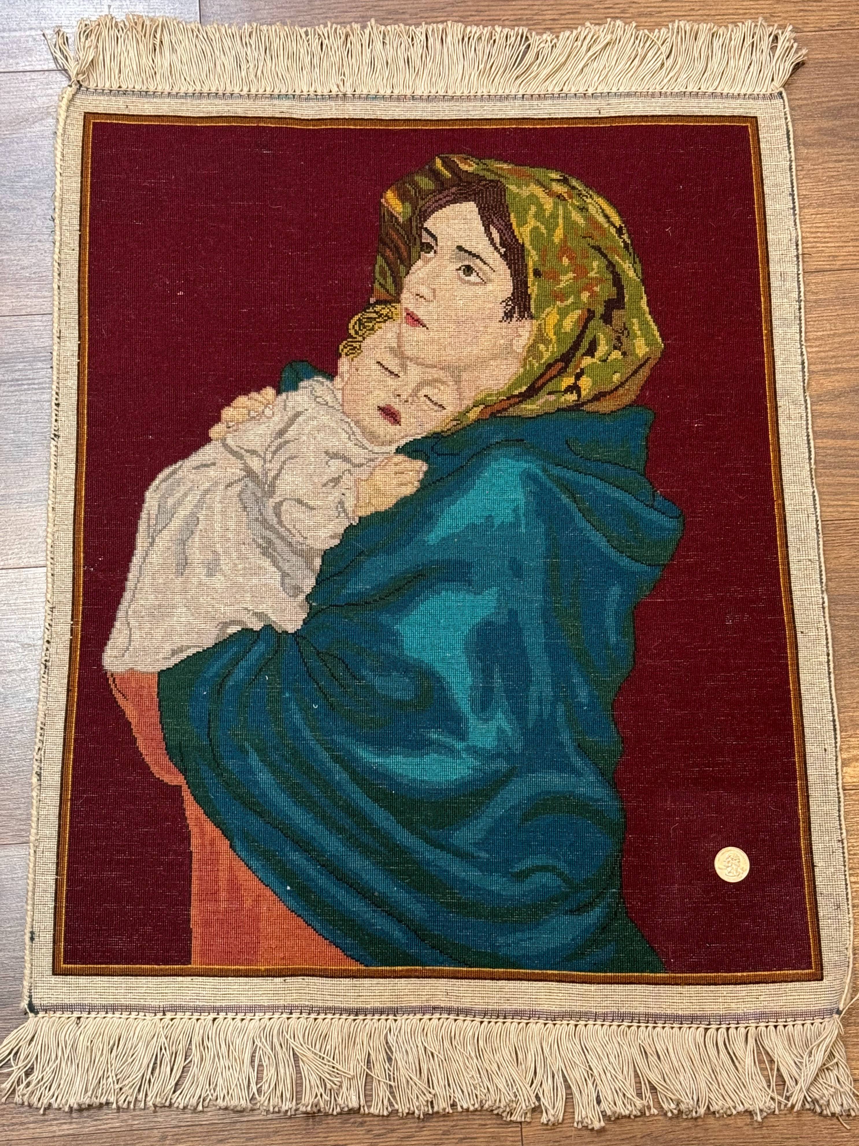 Small Persian Tabriz Pictorial Rug 2x2, Mother Holding Child, Very Fine 340 KPSI, Maroon - Jewel Rugs