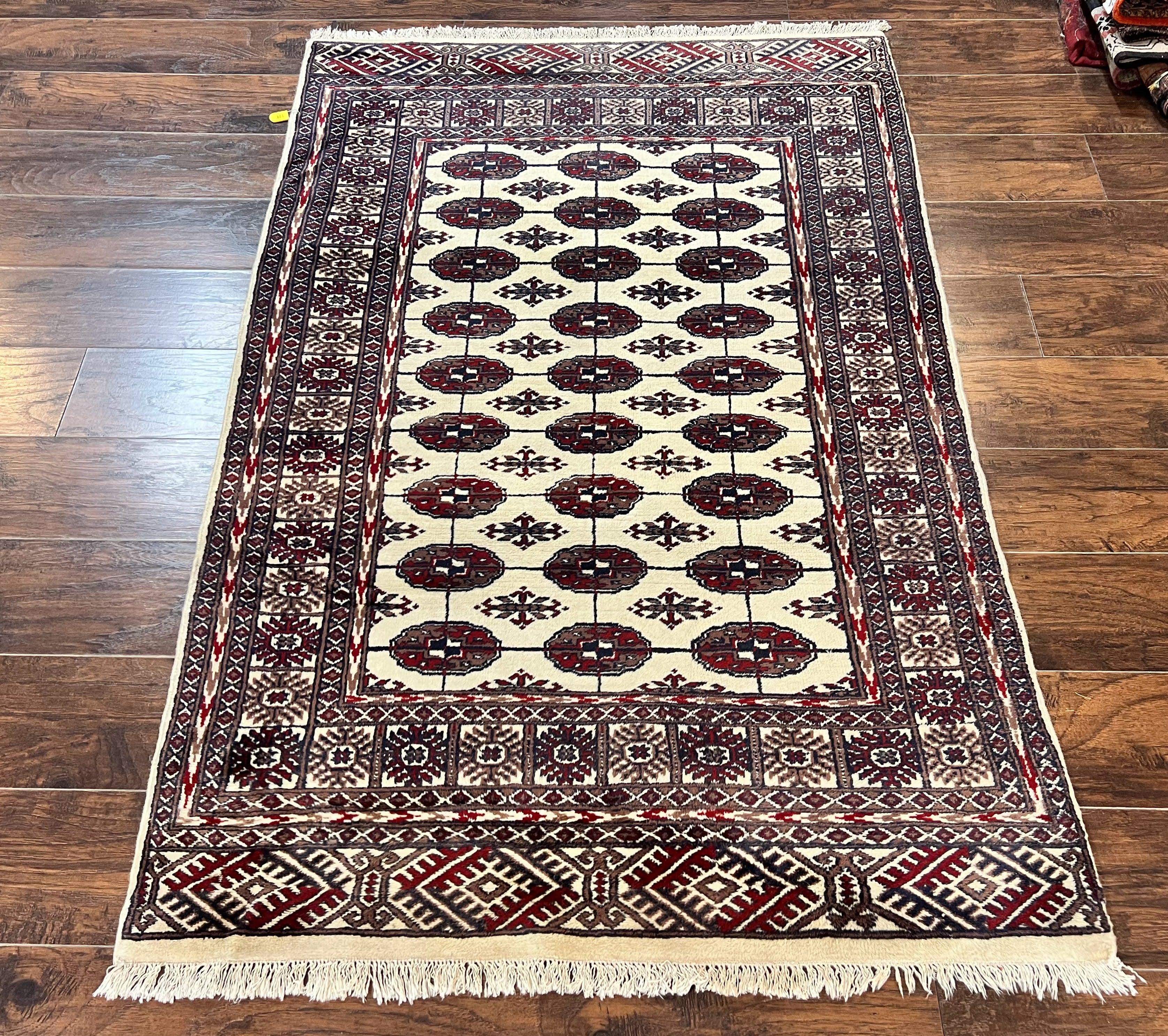 Pakistani Bokhara Rug 4x6, Turkoman Carpet, Vintage Handmade Wool Rug, Ivory - Jewel Rugs