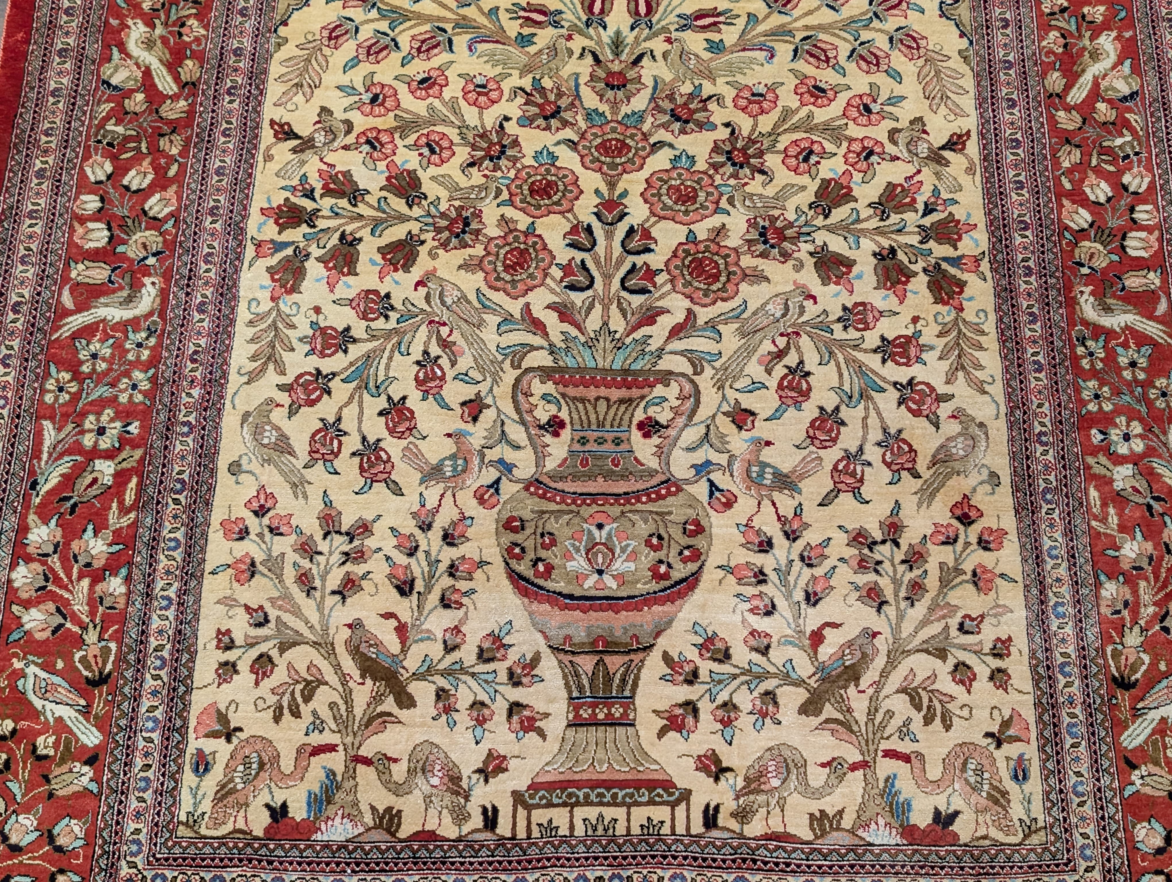 Silk Qum Persian Rug 3x5 – Tree of Life Design with Birds & Vase, 630 KPSI - Jewel Rugs