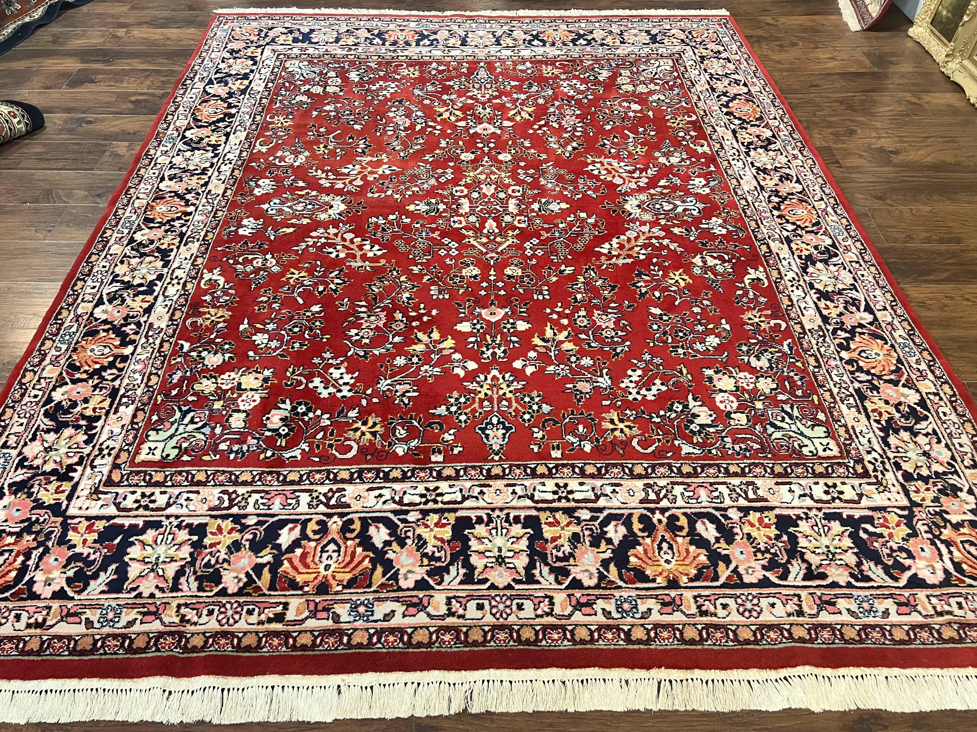 Indo Persian Sarouk Rug 8x10, Red, Floral Allover, Handmade Vintage Wool Carpet, Traditional Rug - Jewel Rugs