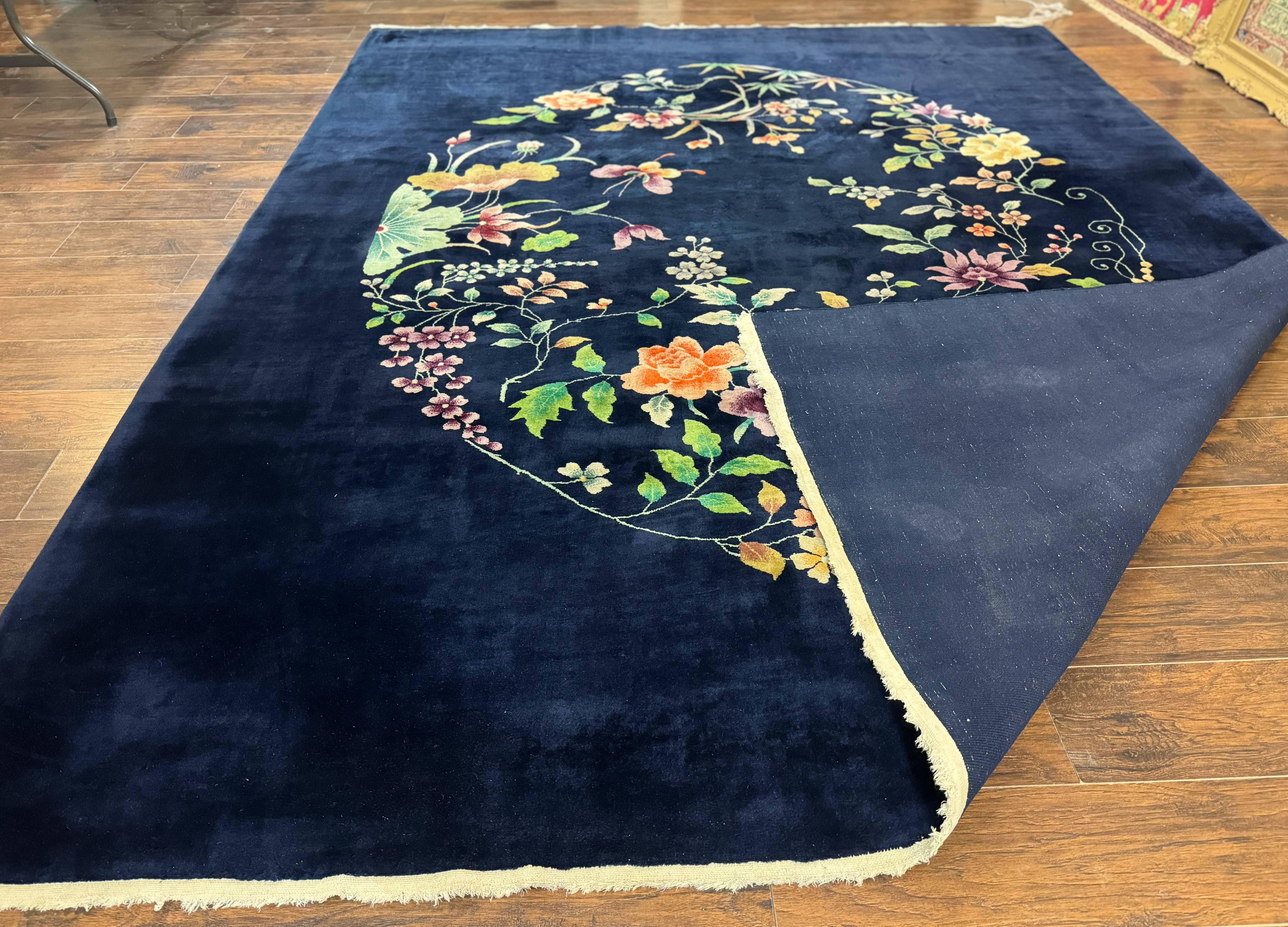 Chinese Art Deco Rug 10 x 11.5, Navy Blue Vintage Nichols Floral Wool Carpet - Jewel Rugs