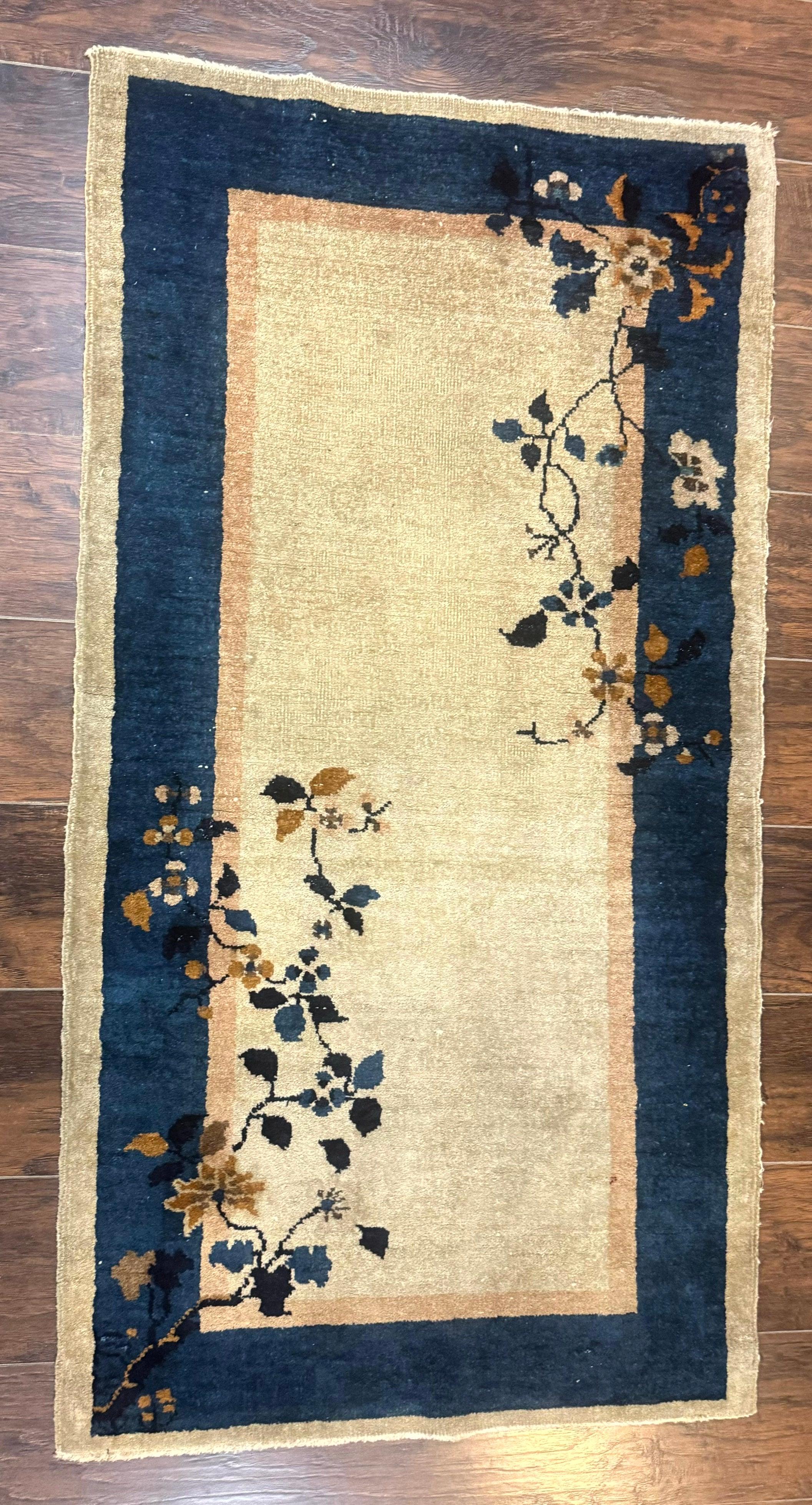 Antique Chinese Wool Rug 2.7 x 5, Simple Design, Peking Carpet, 1920s Rug, Beige and Blue, Floral - Jewel Rugs