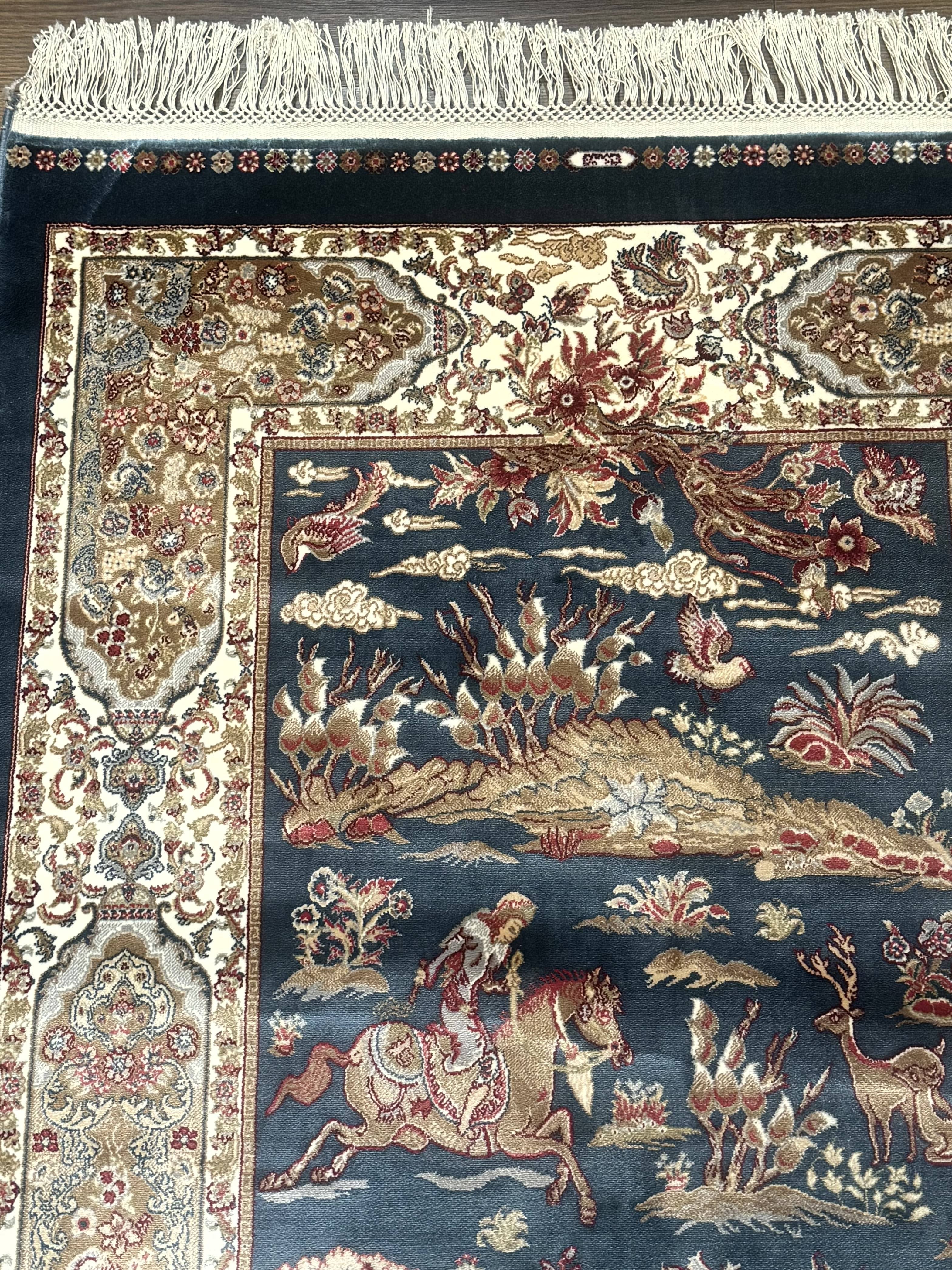 Turkish Silk Hunting Scene Rug 2.6 x 5, Dark Steel Blue & Ivory, Bamboo Silk, New - Jewel Rugs