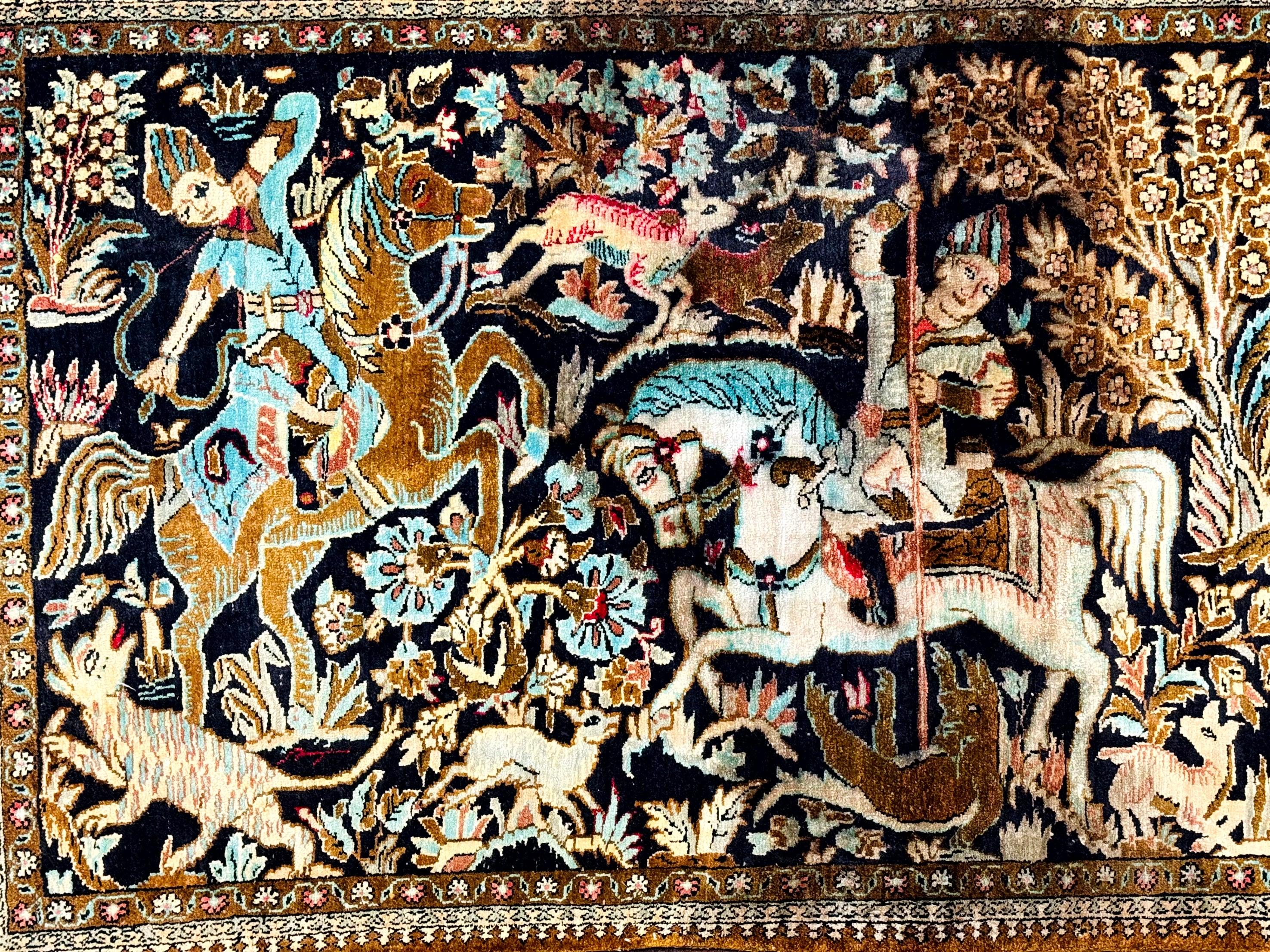 Persian Silk Qum Hunting Design Rug 2x3, Hunting Pattern, Horsemen, Silk on Silk, 330 KPSI - Jewel Rugs