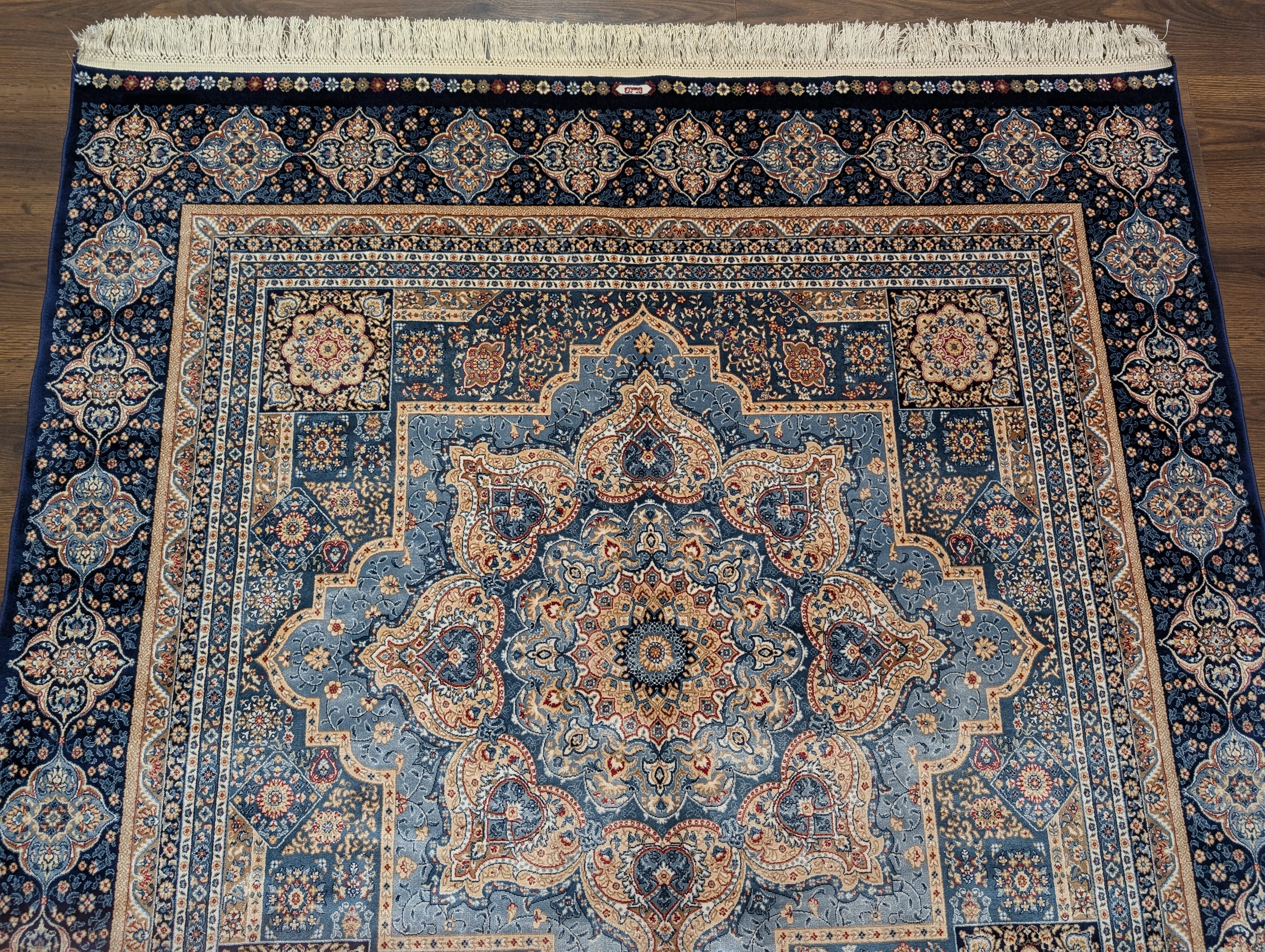 Square Silk Rug 5x5, Turkish Mamluk Silk Carpet, Blue, New, Bamboo Silk - Jewel Rugs