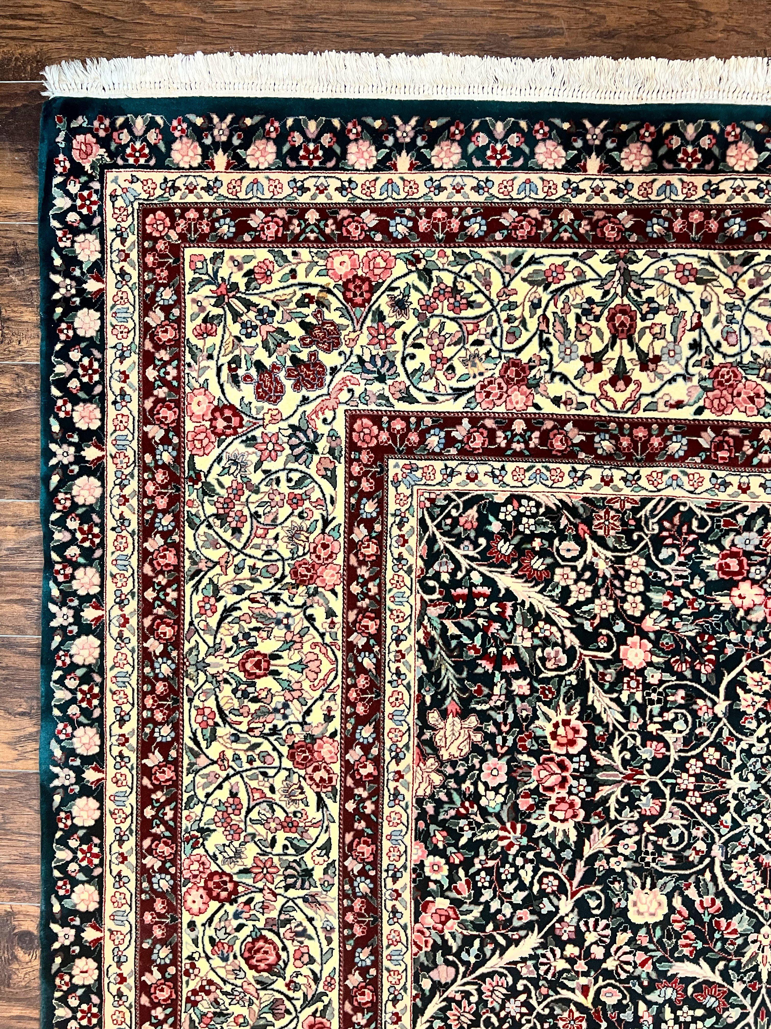 Large Sino Persian Rug 10x14, Wool Hand Knotted Vintage Carpet, Dark Green & Beige, Kirman Floral Rug, Fine Weave, Traditional, Large - Jewel Rugs